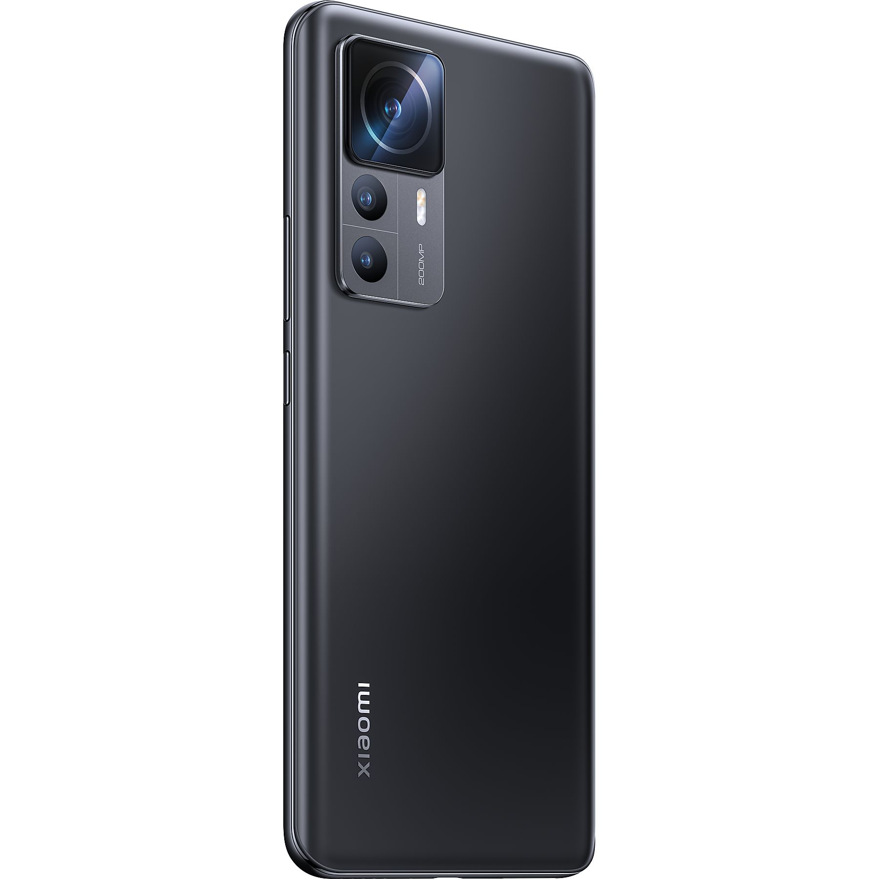 Schwarzes Smartphone, schräge Rückansicht. Verfügt über eine Kamera und Xiaomi-Branding.