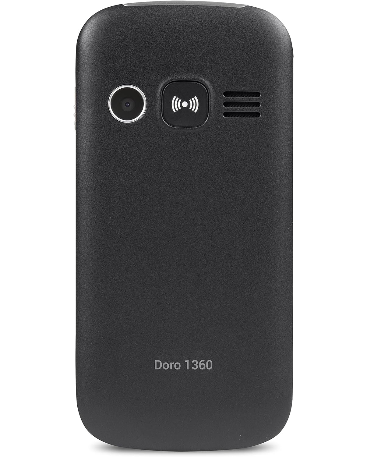 Retro di un telefono nero Doro 1360. Ha una fotocamera, un'icona wireless e un altoparlante.