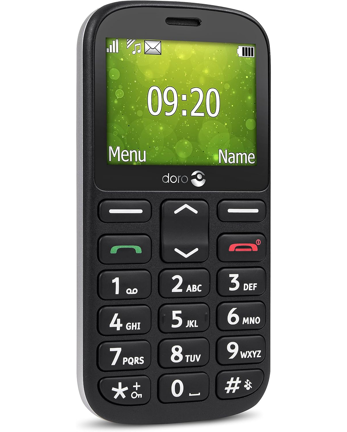 Un telefono Doro nero con tasti grandi e uno schermo che mostra l'ora e un messaggio.