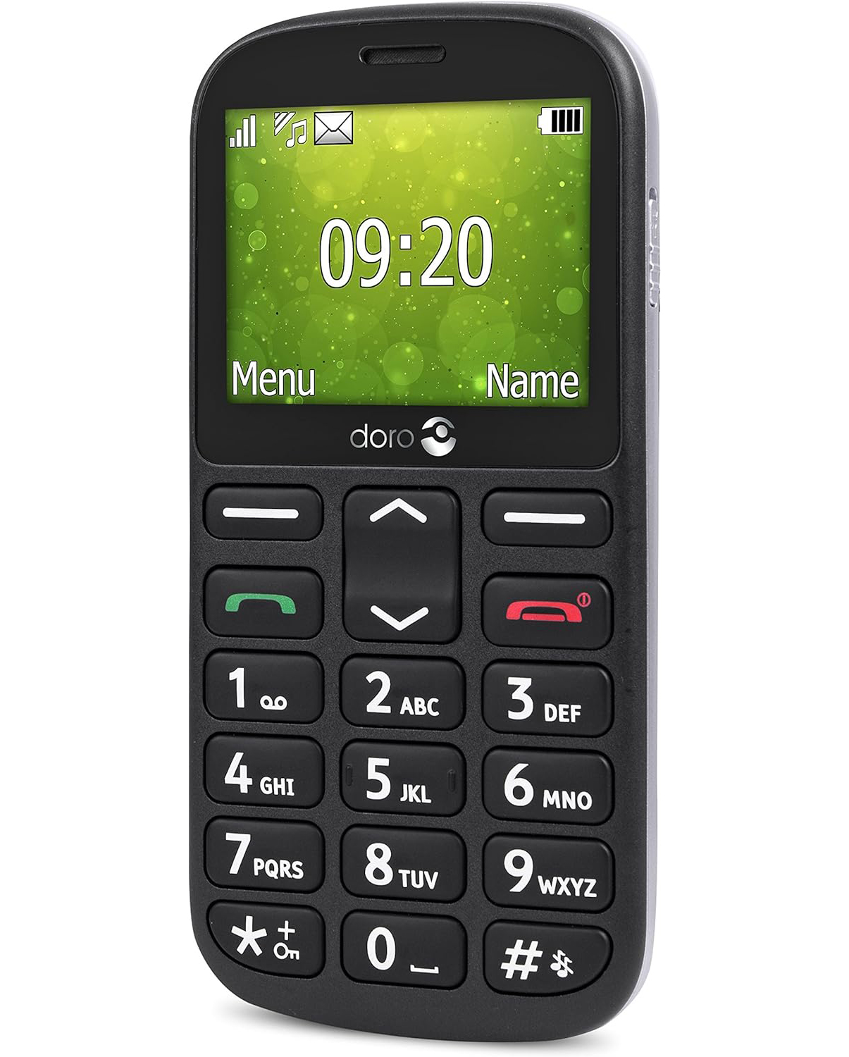 Un telefono cellulare nero con tasti grandi e uno schermo che mostra l'ora.