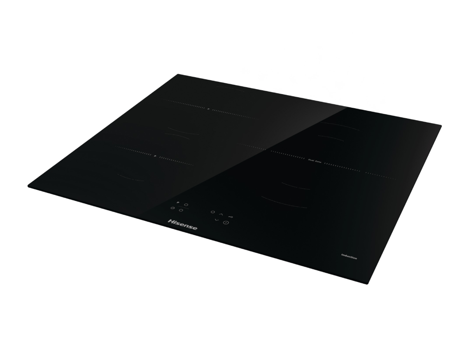 Una placa de inducción Hisense negra. Tiene cuatro fuegos y controles táctiles. La superficie es brillante.