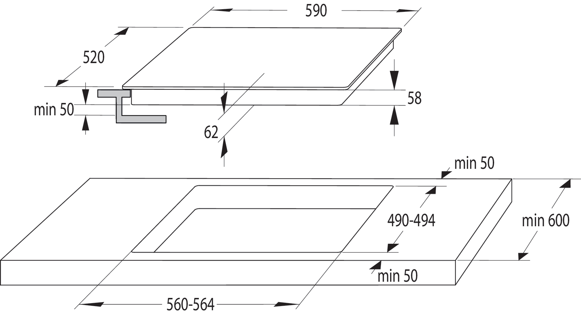 Diagrama que muestra las dimensiones de un recorte para placa de cocina, en milímetros.