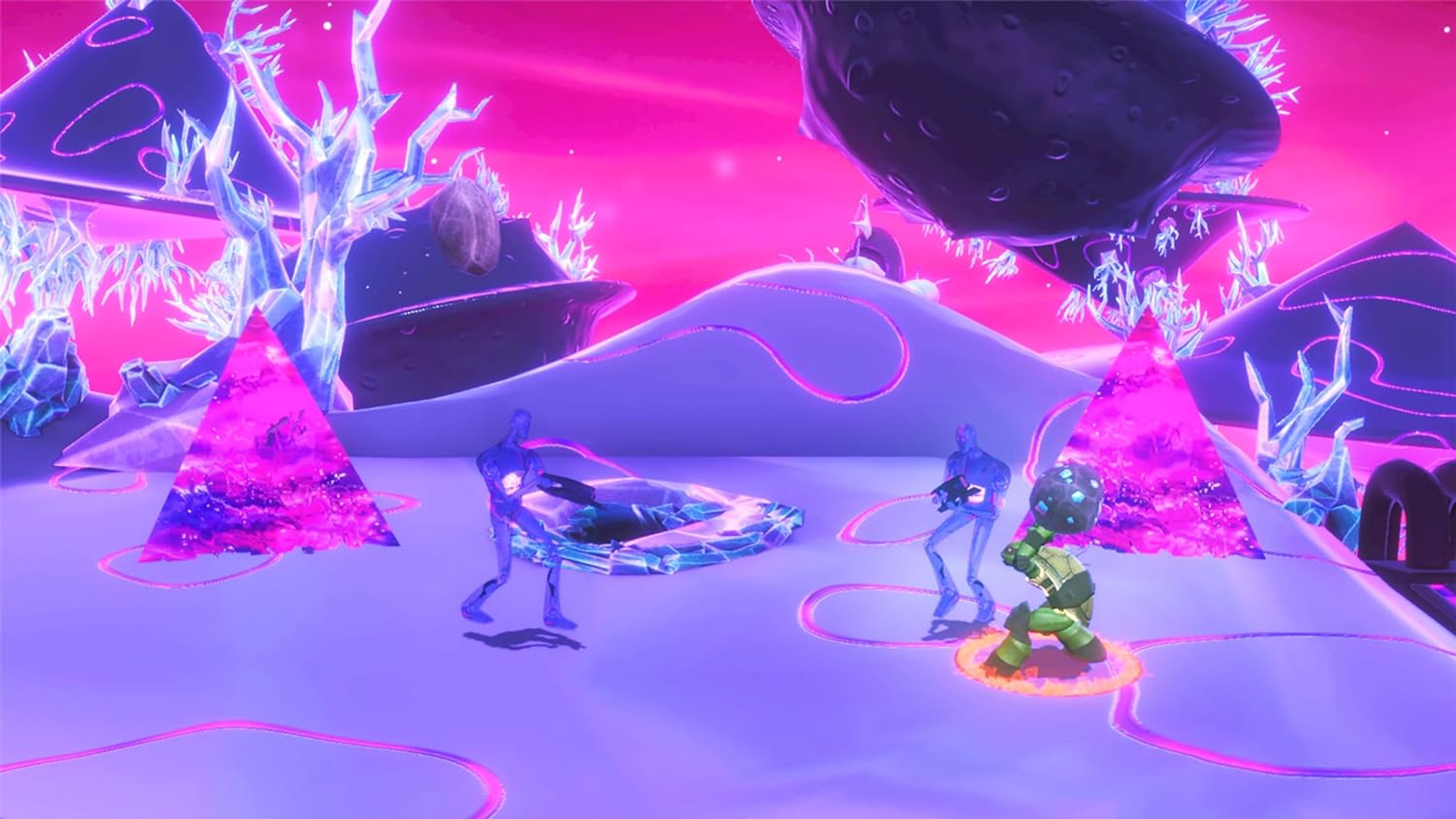 Animowana scena z postaciami w neonowym krajobrazie. Występują pływające kształty i kolorowe światła.