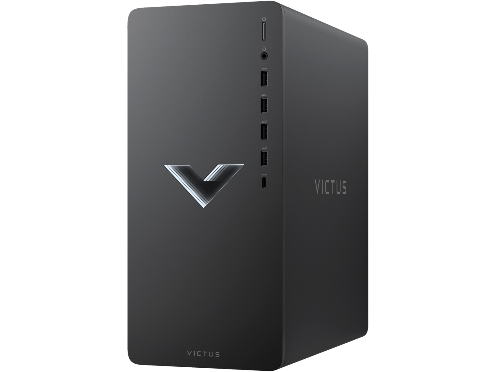 Una torre de PC gaming Victus negra con el logo Victus al frente.
