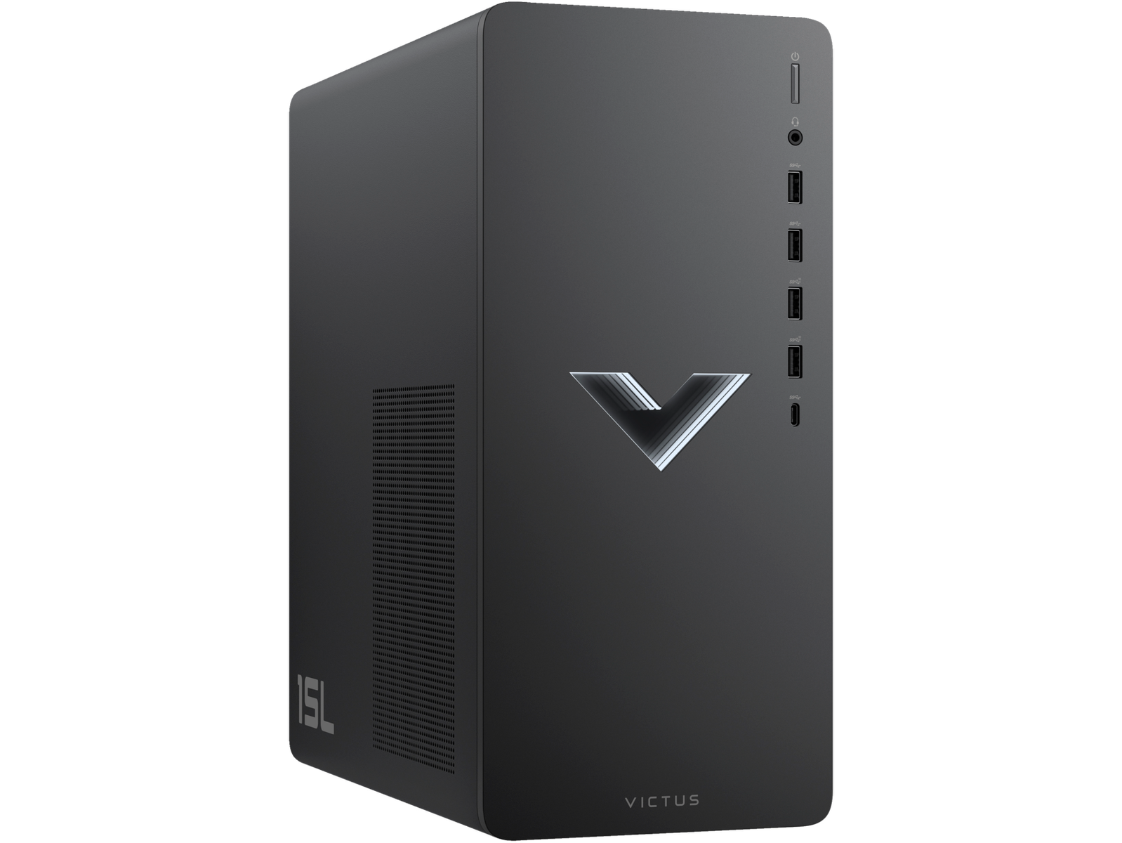 Ordenador de sobremesa negro con la palabra VICTUS y un logotipo. La carcasa tiene un diseño elegante.