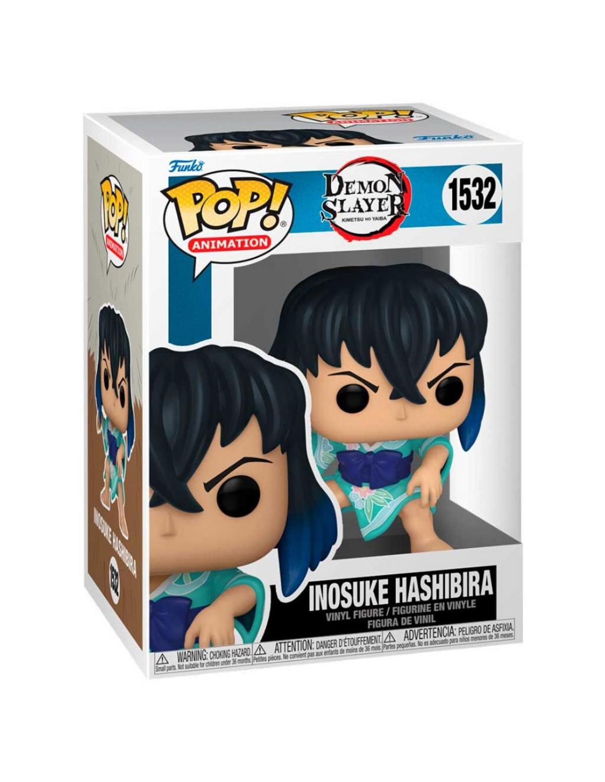 Figura Funko Pop! Inosuke Hashibira en una caja. La figura es un personaje de dibujos animados.