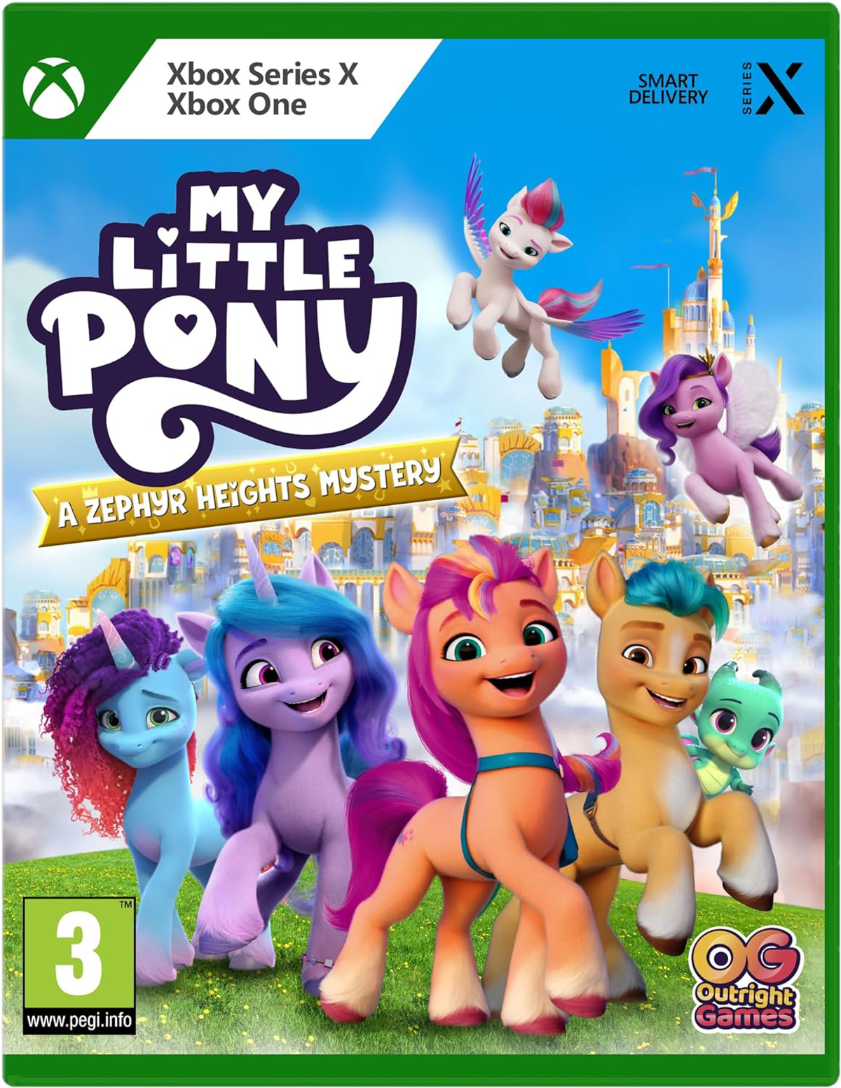Okładka gry My Little Pony z kilkoma kucykami przed zamkiem.
