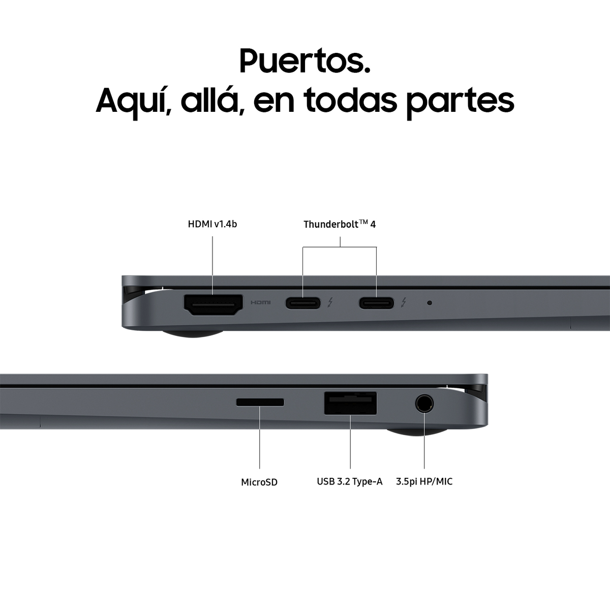 Primer plano de los puertos de un portátil. HDMI, Thunderbolt, MicroSD, USB y conector de auriculares están etiquetados.