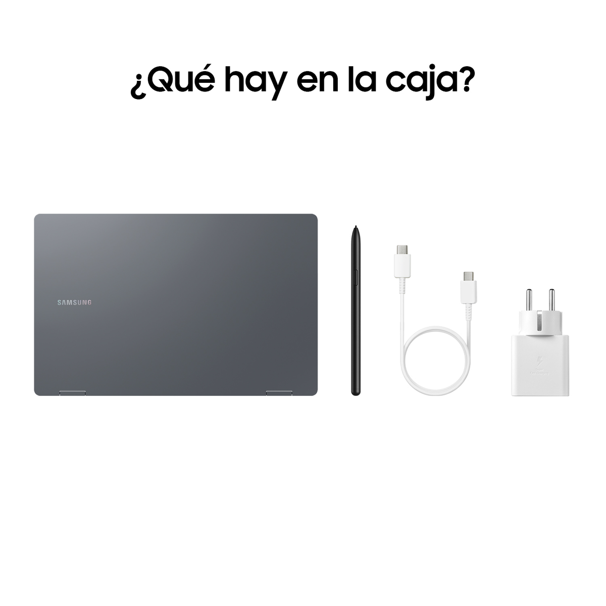 Laptop, lápiz óptico, cargador y cable, sobre fondo blanco, con la frase '¿Qué hay en la caja?'.