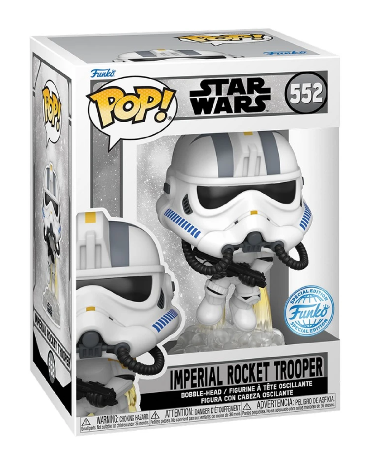 Figura Funko Pop di Star Wars Imperial Rocket Trooper in una scatola. Sfondo bianco.