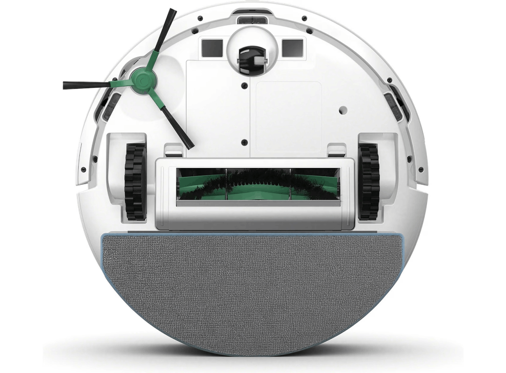 Widok od spodu białego robota sprzątającego ze szczotkami i nakładką czyszczącą.