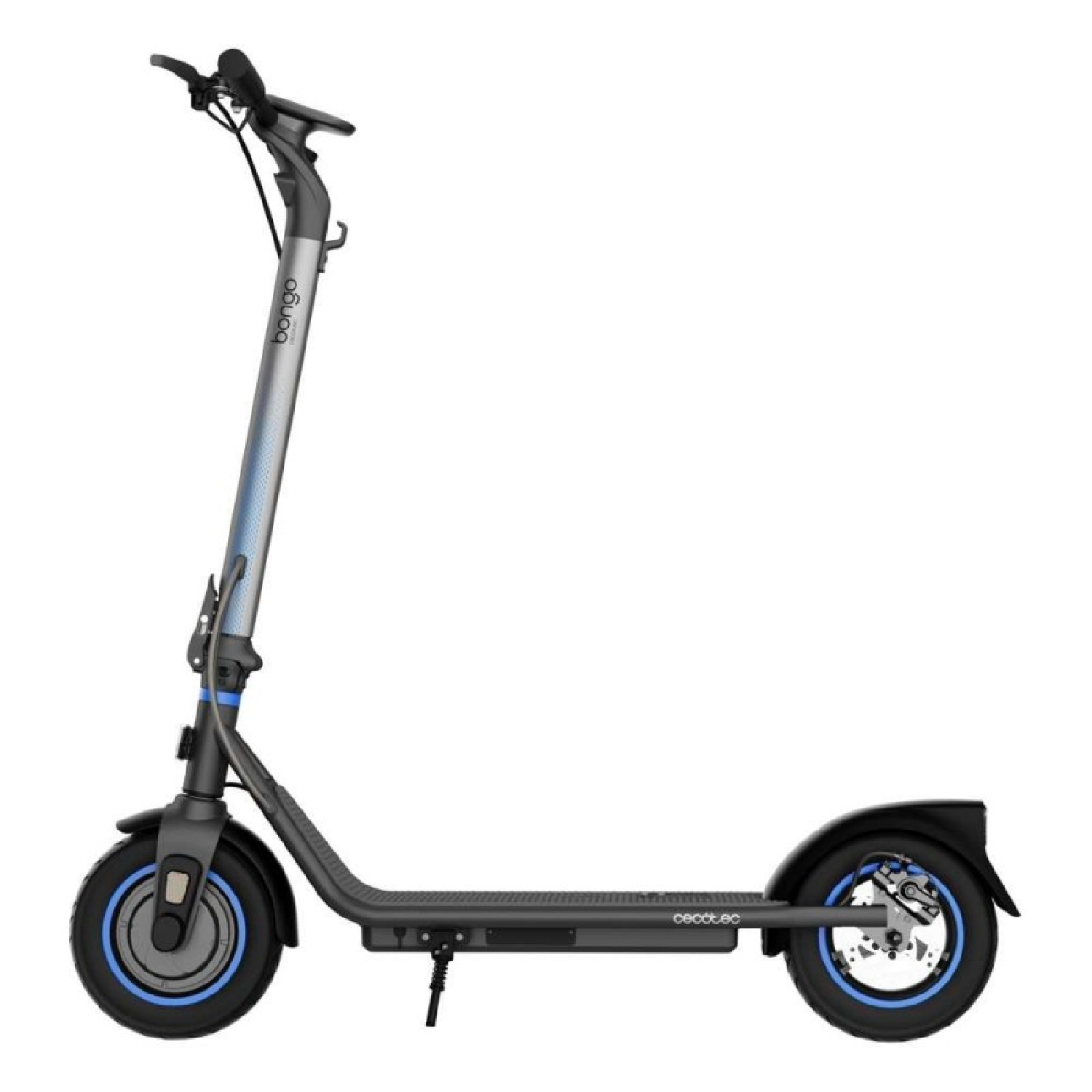 Scooter eléctrico negro y gris con ruedas azules, vista lateral, sobre fondo blanco.