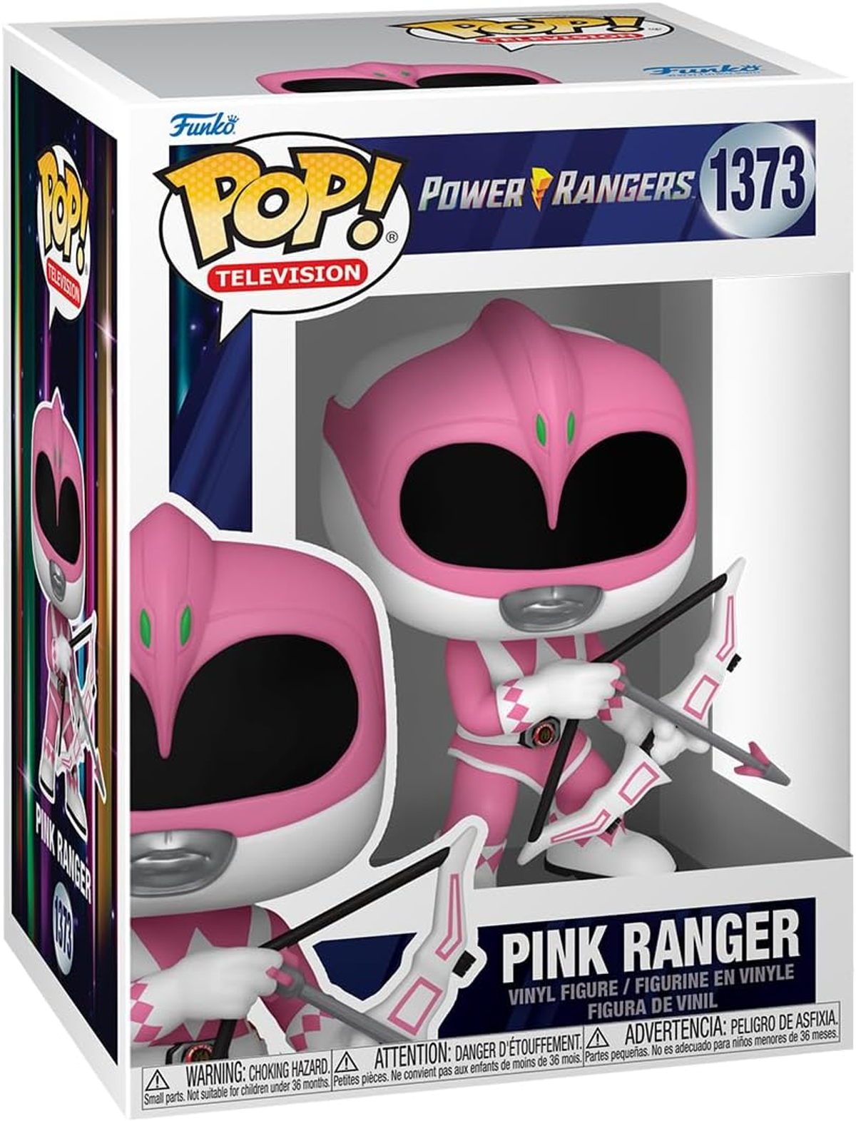 Figura di Pink Ranger Funko Pop in una scatola. La figura tiene un arco e una freccia.