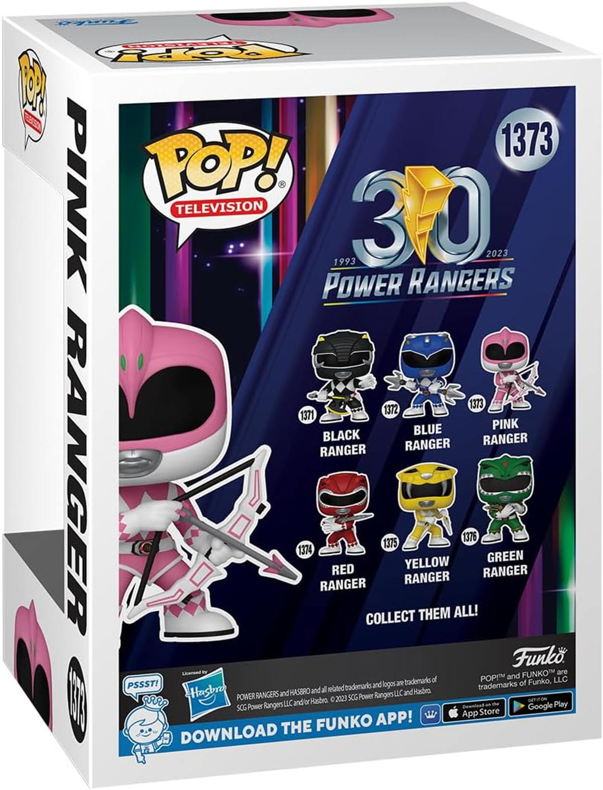 Una scatola Funko Pop con la figura di Pink Ranger e il marchio Power Rangers, 30° anniversario.