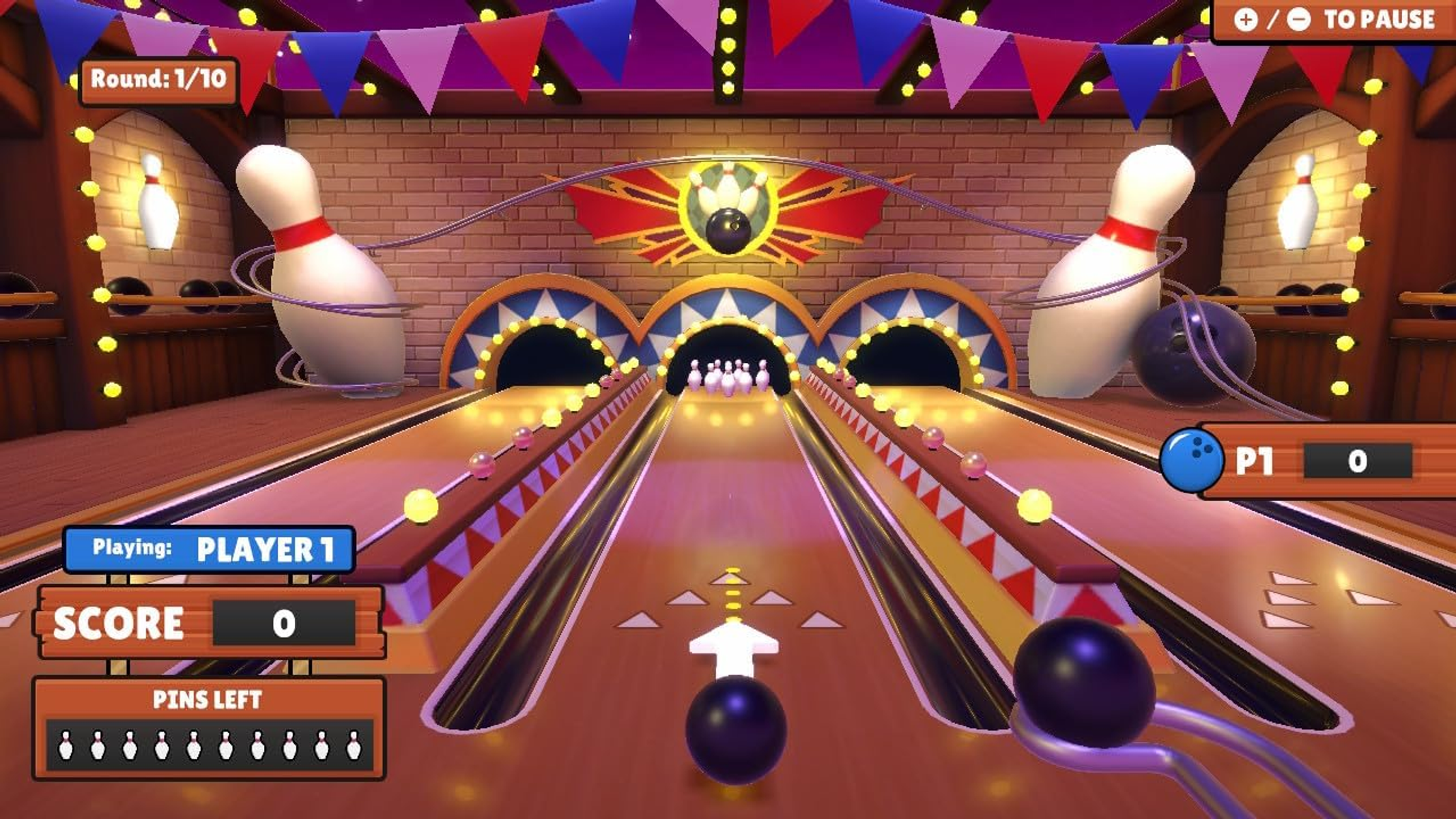 Pantalla de juego de bolos con bolos, una bola y una pantalla de puntuación. El juego está en bolera.