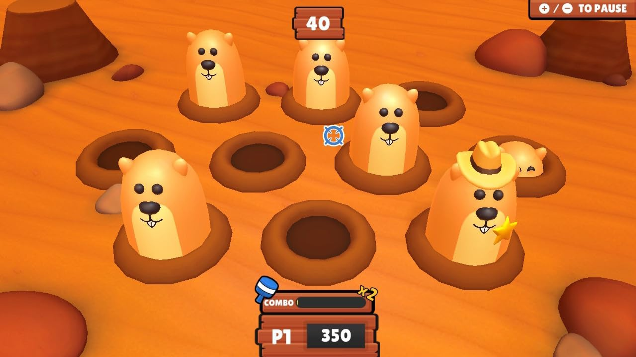 Escena de juego de dibujos animados con topos saliendo de agujeros.