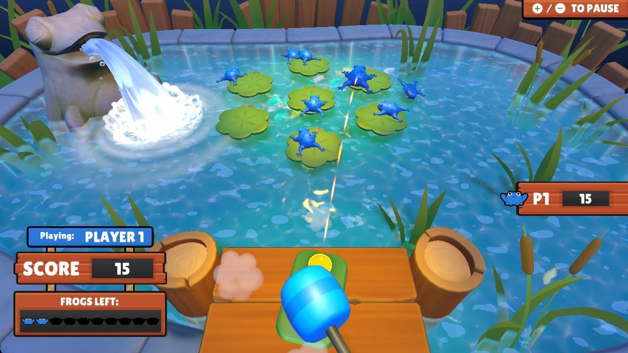 Escena de videojuego: ranas en nenúfares en un estanque, el jugador 1 tiene 15 puntos.