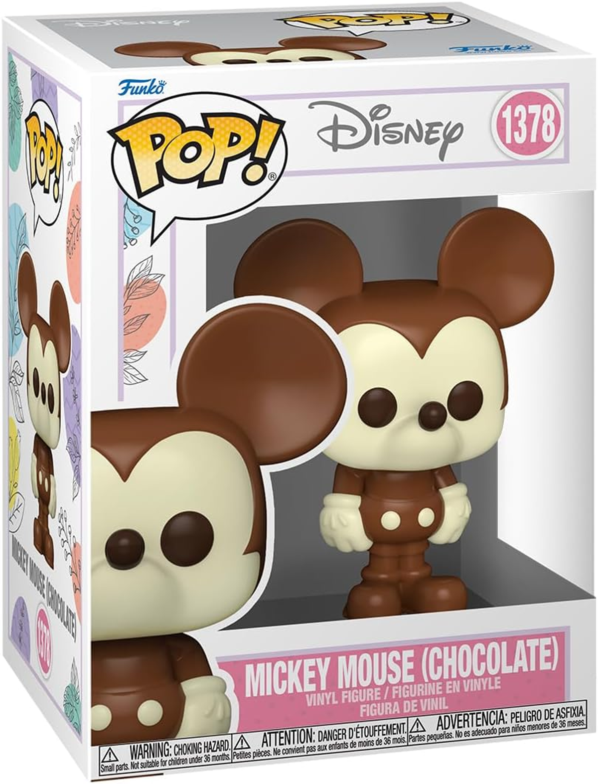 Figura di Mickey Mouse al cioccolato in una scatola Funko Pop. Sfondo bianco con fumetto.