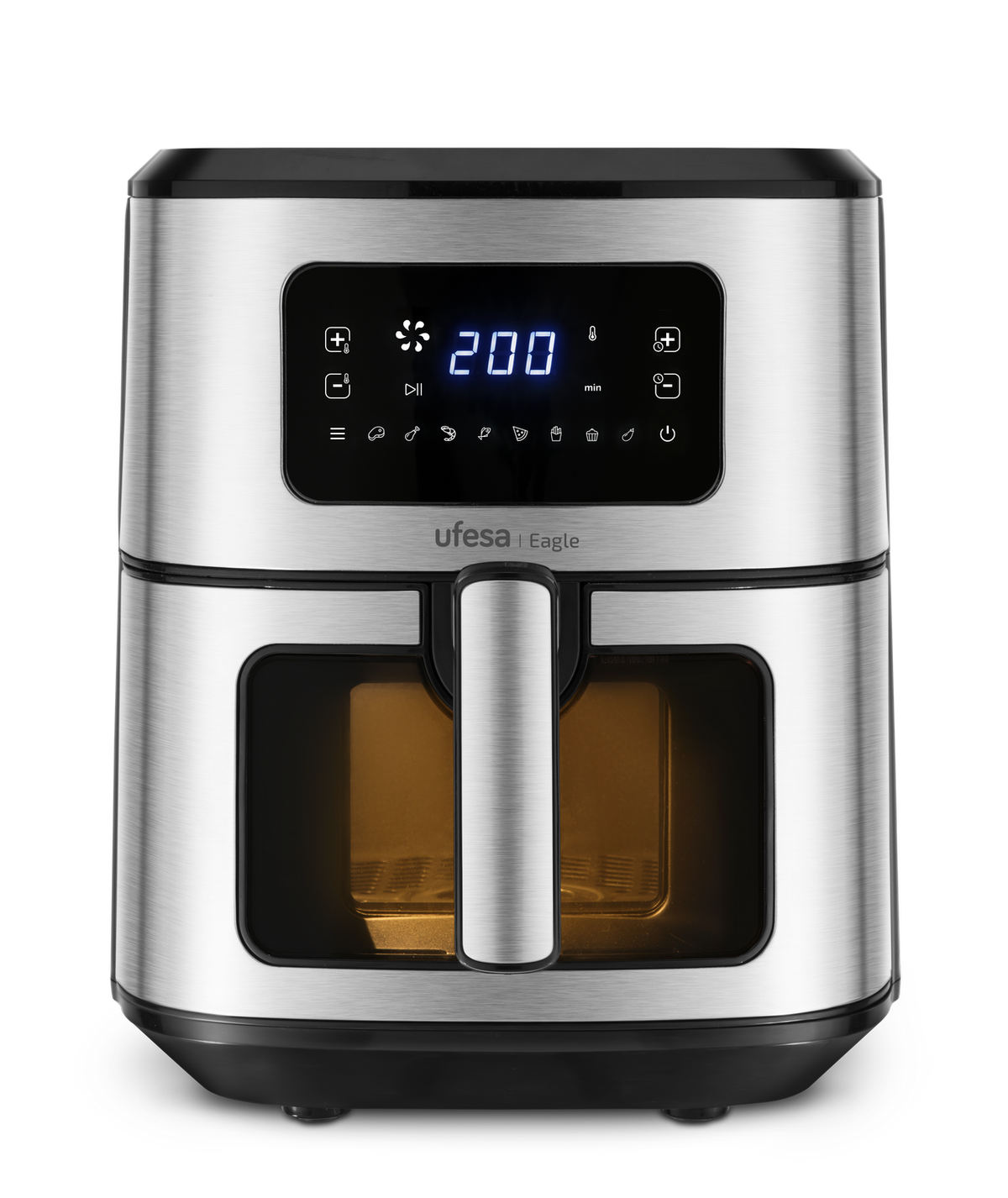 Srebrna frytkownica powietrzna z cyfrowym wyświetlaczem 200. Widoczny uchwyt i kosz.
