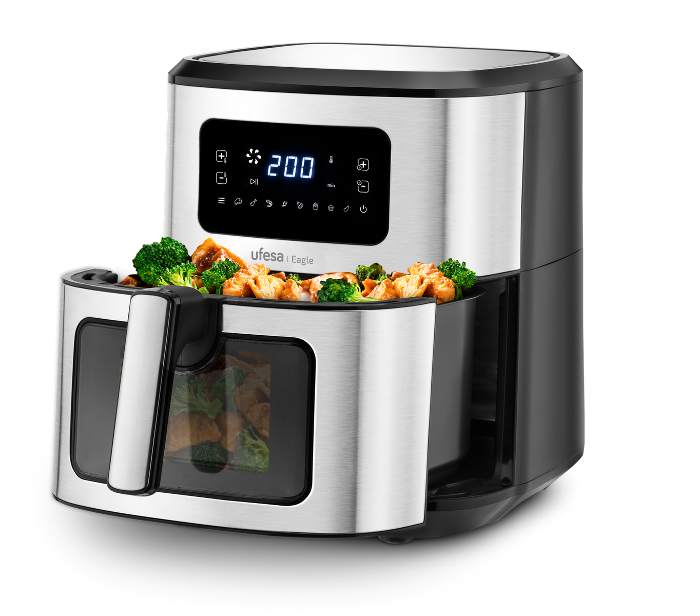 Srebrno-czarna frytkownica powietrzna z jedzeniem w środku, wyświetlacz 200.