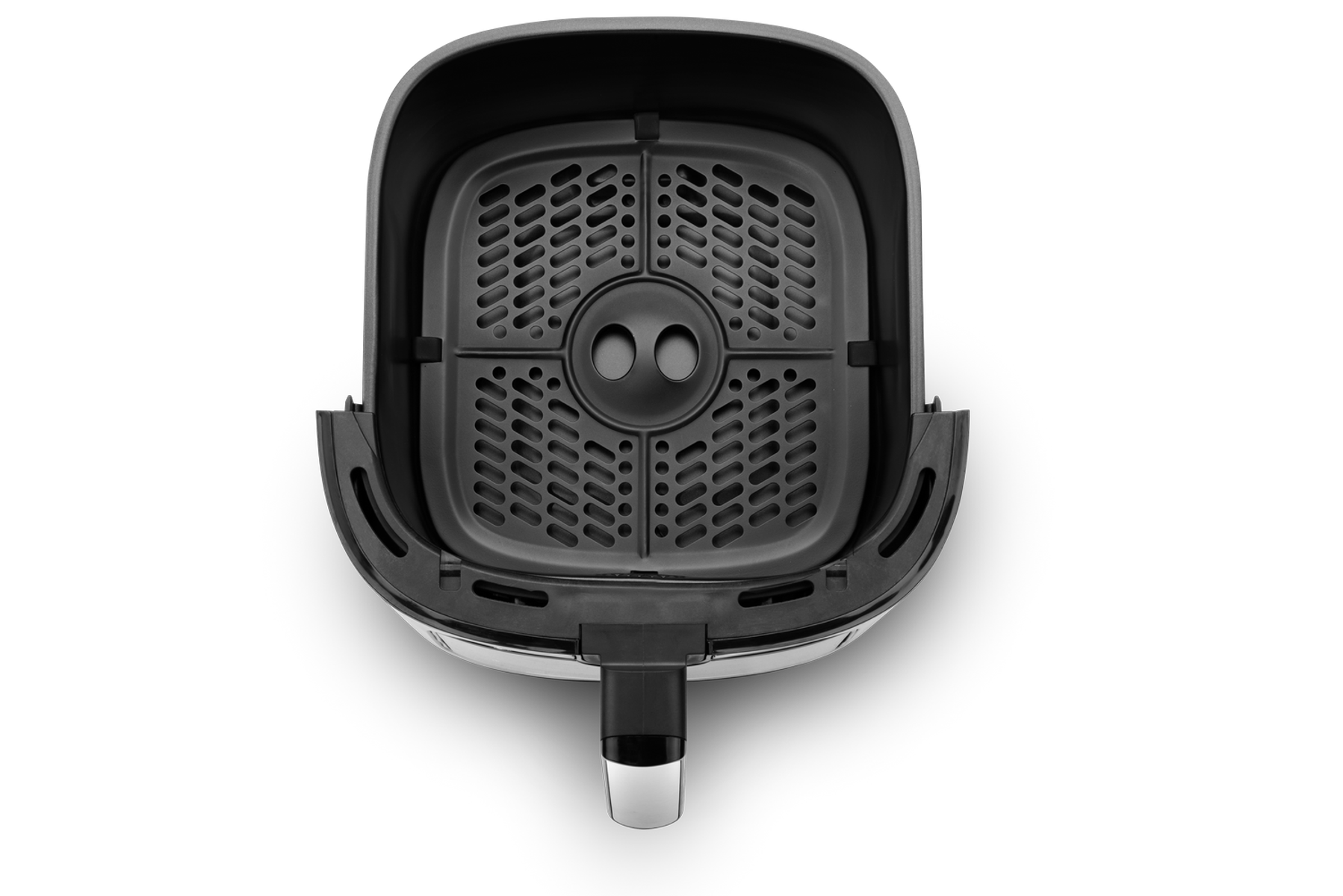 Wnętrze frytkownicy powietrznej. Czarne, z wyjmowanym koszem i uchwytem.