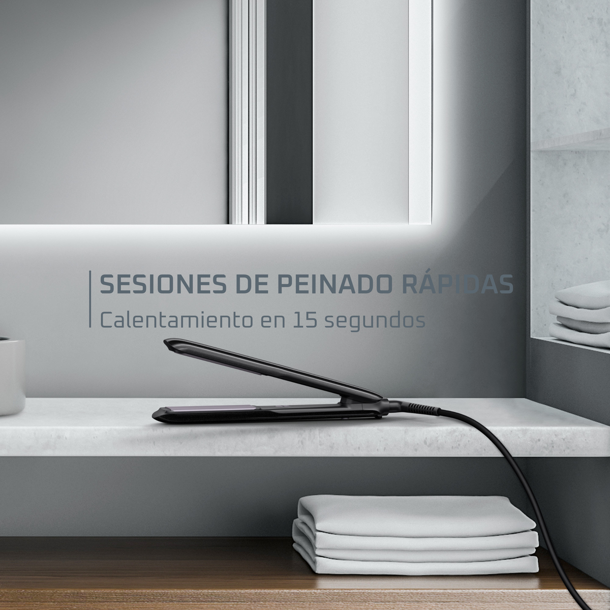 A flat iron is on a shelf.  Text says “HAIR STYLING SESSIONS” and “Heating in 15 seconds.”