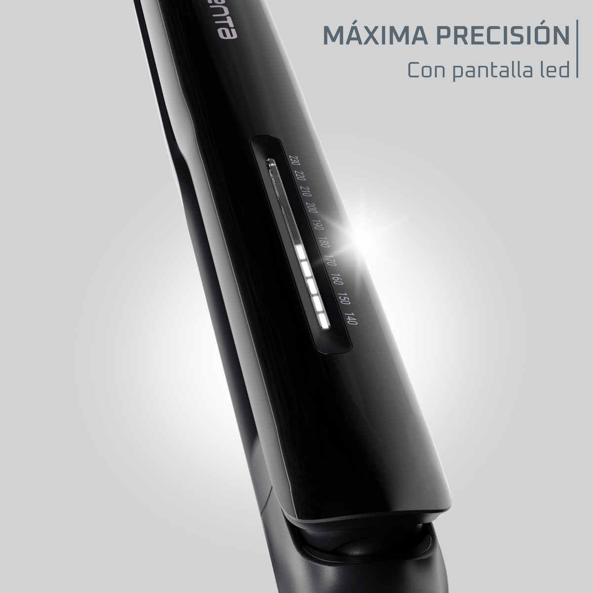 A black hair straightener displaying heat settings. The text says 'maximum precision'.