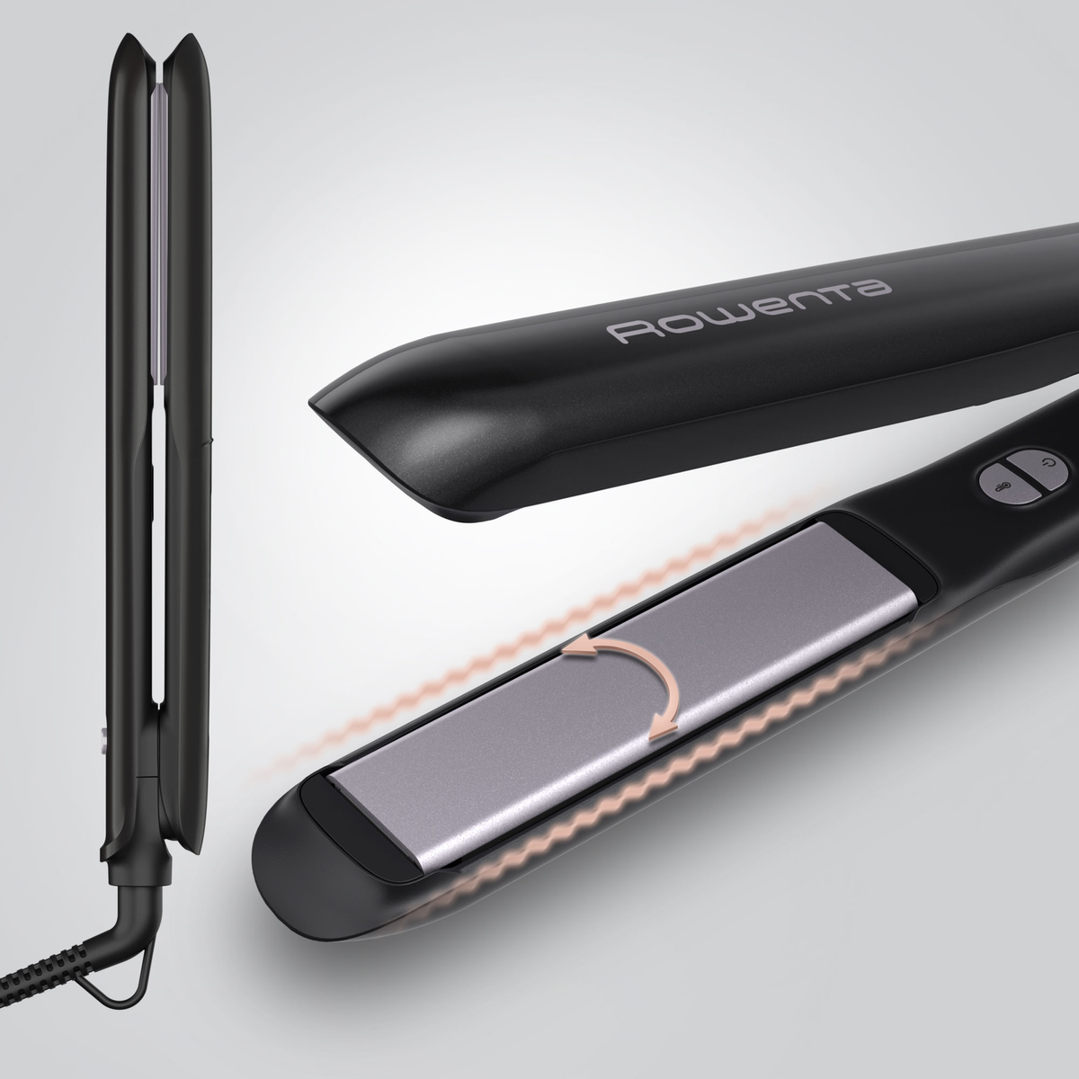 Black Rowenta hair straightener, open, showing silver heating plates. Product shot on light background.