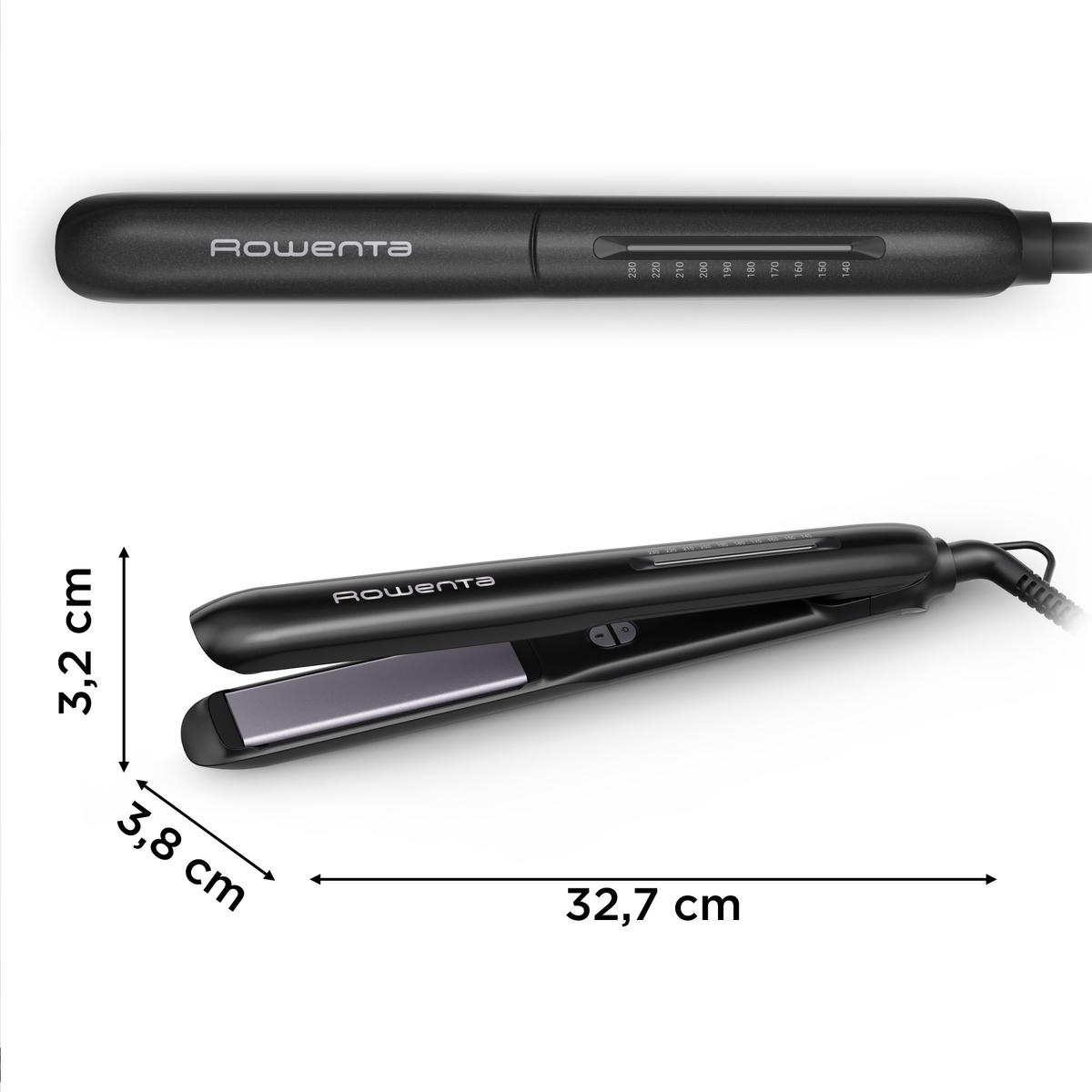 A black hair straightener from Rowenta, with dimensions shown.