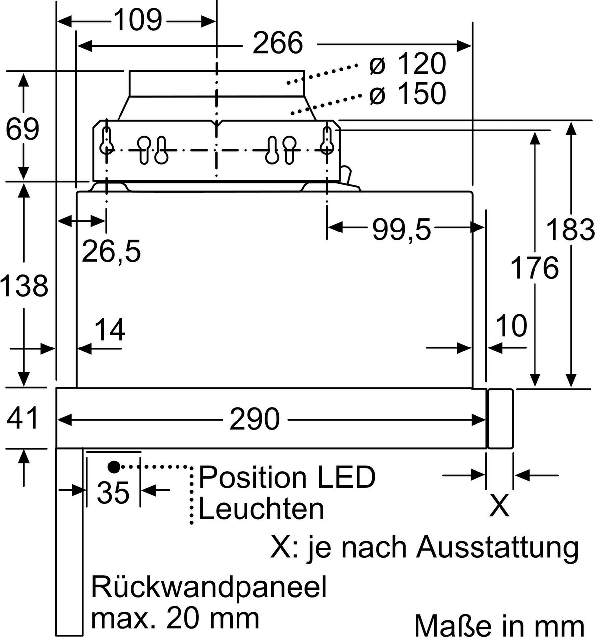 Ein Diagramm mit Abmessungen für eine Küchenhaube.