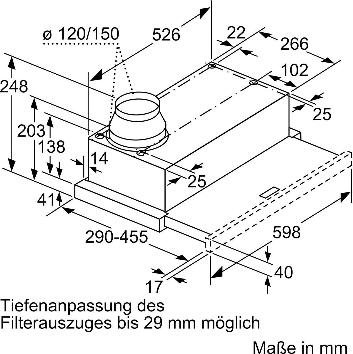 Technische Zeichnung einer Dunstabzugshaube mit Abmessungen und Maßen in mm.
