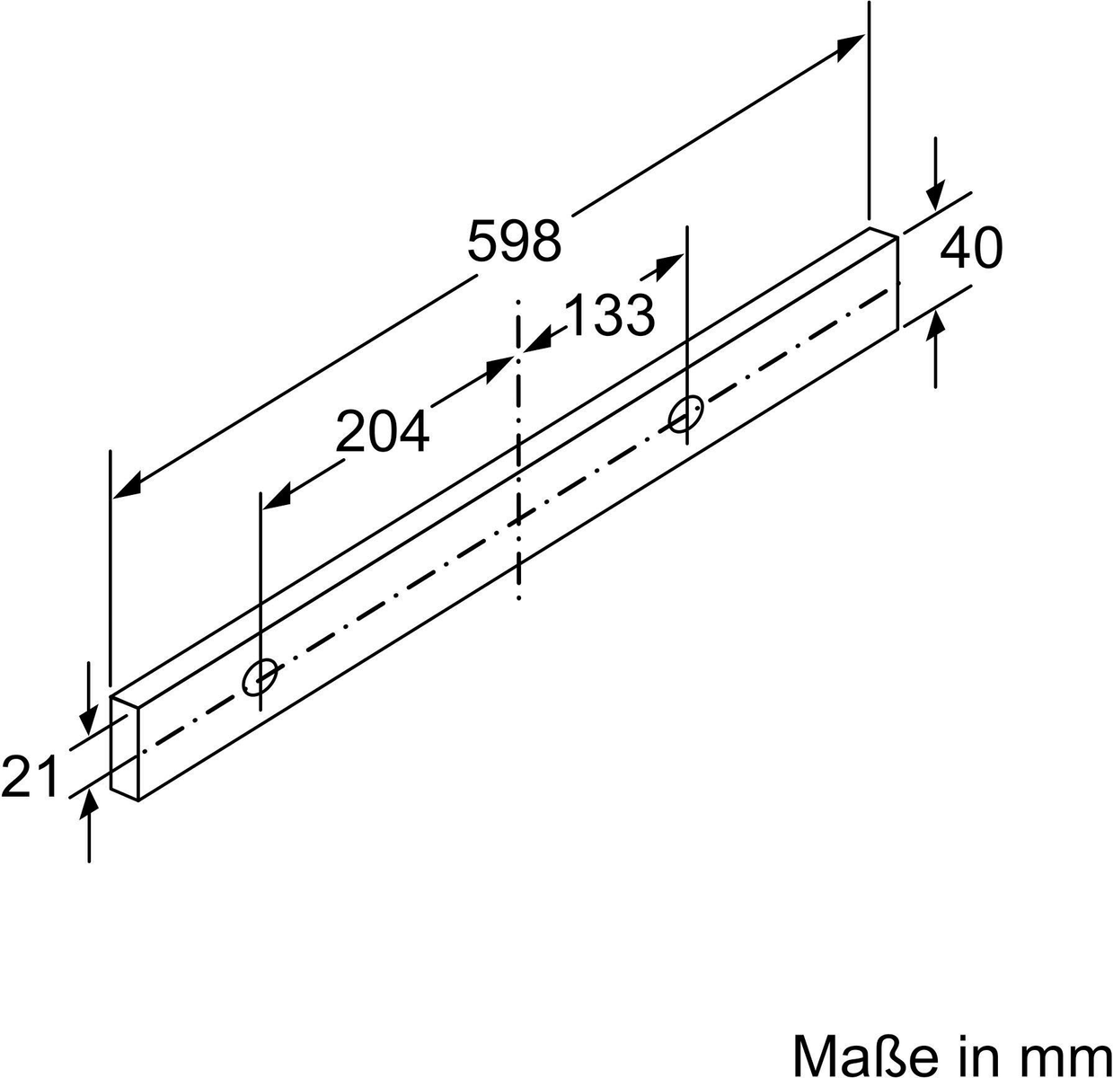 Isometrische Ansicht eines rechteckigen Holzbalkens mit Abmessungen und zwei Löchern.