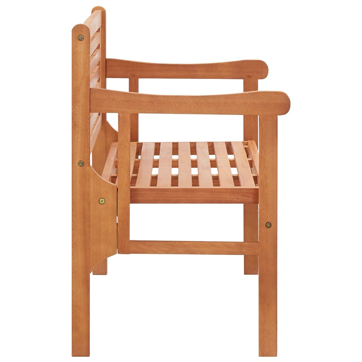 Seitenansicht einer Holzbank, mit Armlehnen und Lattenrost. Braune Farbe.