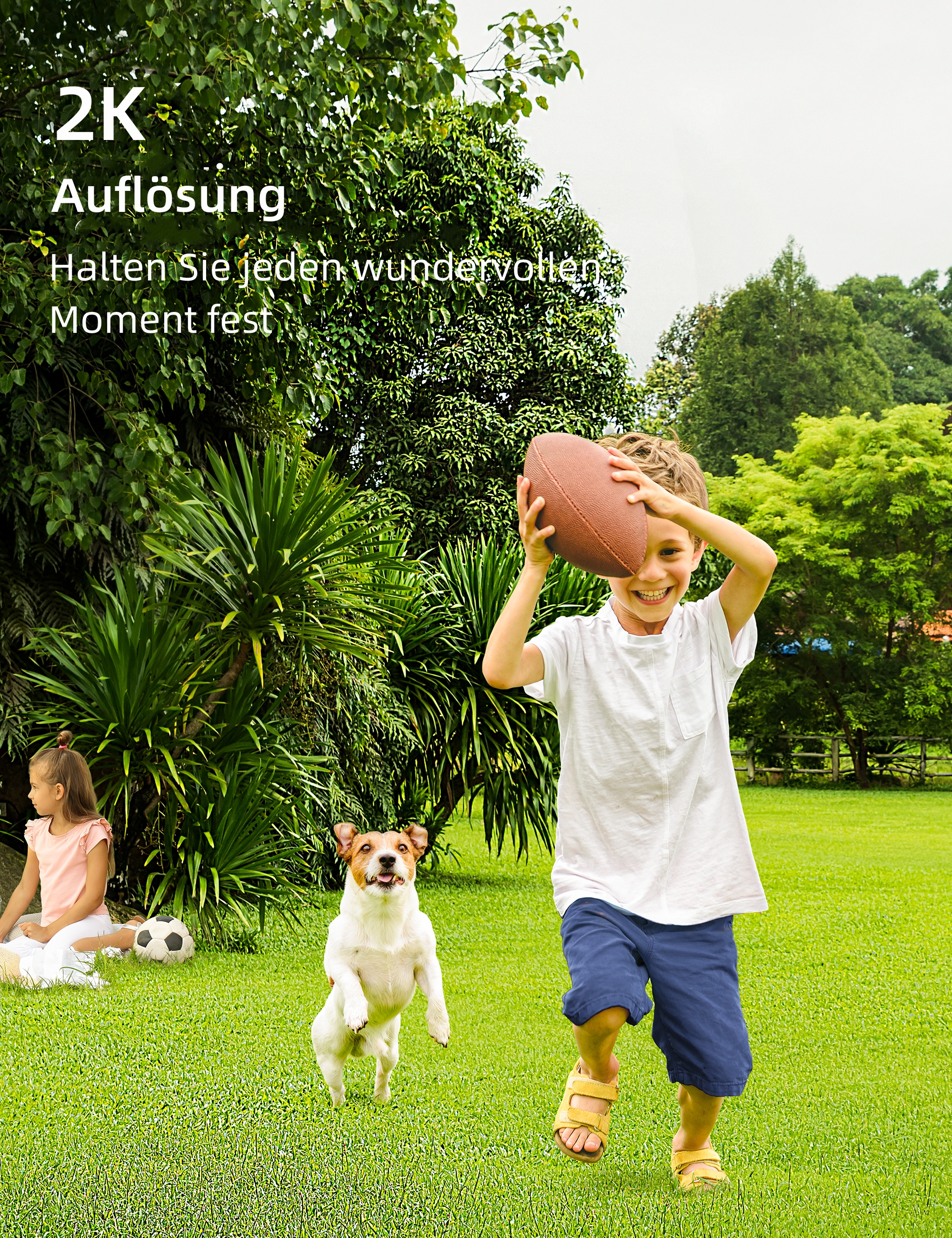 Junge fängt Football. Hund springt. Mädchen sitzt. Grünes Gras und Bäume im Hintergrund.