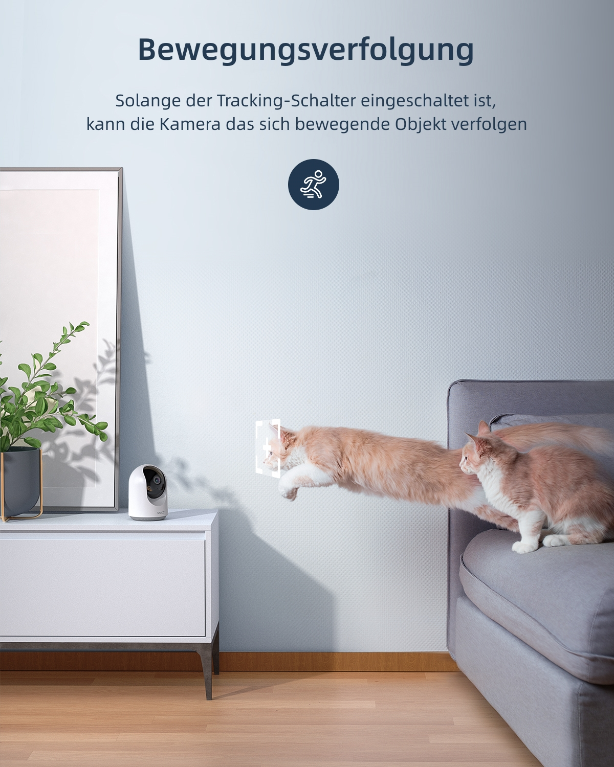 Weiße Überwachungskamera auf einem Tisch, verfolgt zwei springende Katzen, mit Text über Bewegungserkennung.