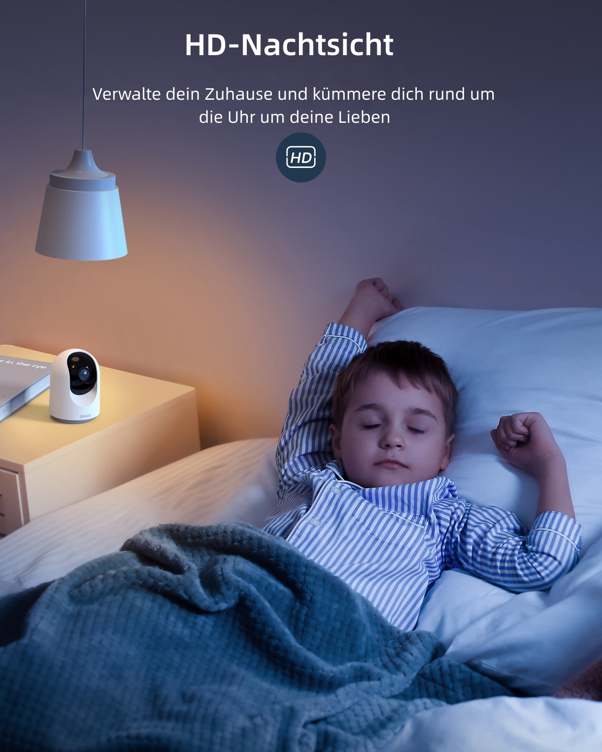 Ein Kind schläft im Bett, eine Kamera auf einem Nachttisch und der Text 'HD-Nachtsicht'.