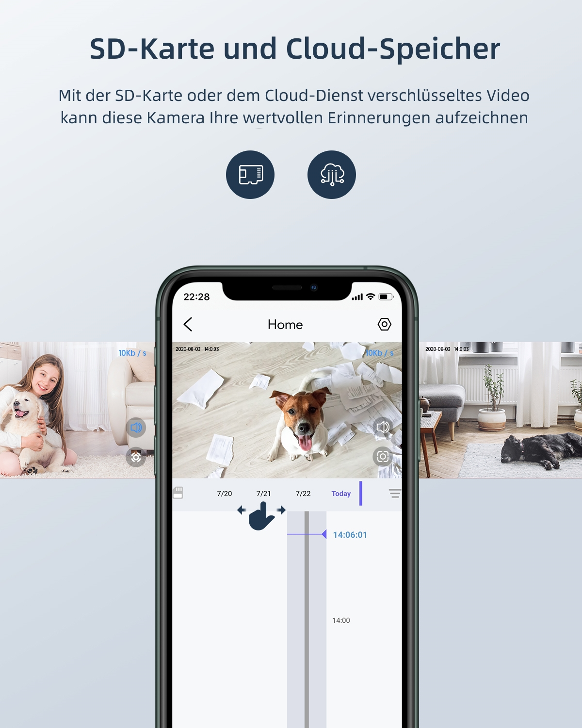Ein Smartphone-Bildschirm zeigt eine Startoberfläche mit Video-Miniaturansichten und einer Zeitleiste.