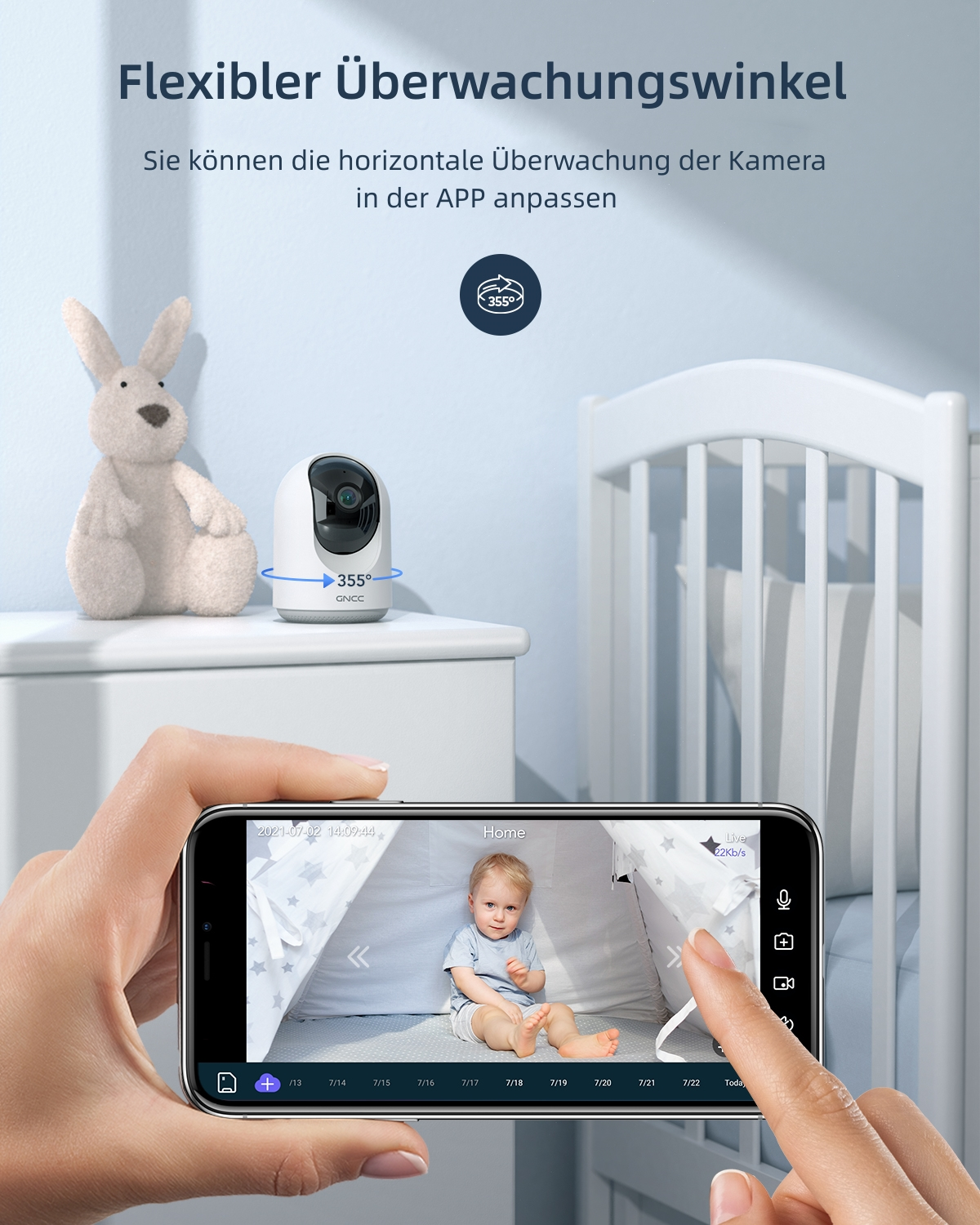 Ein Babyphone, das ein Baby im Kinderbett zeigt, mit einem Telefon, das den Feed anzeigt.