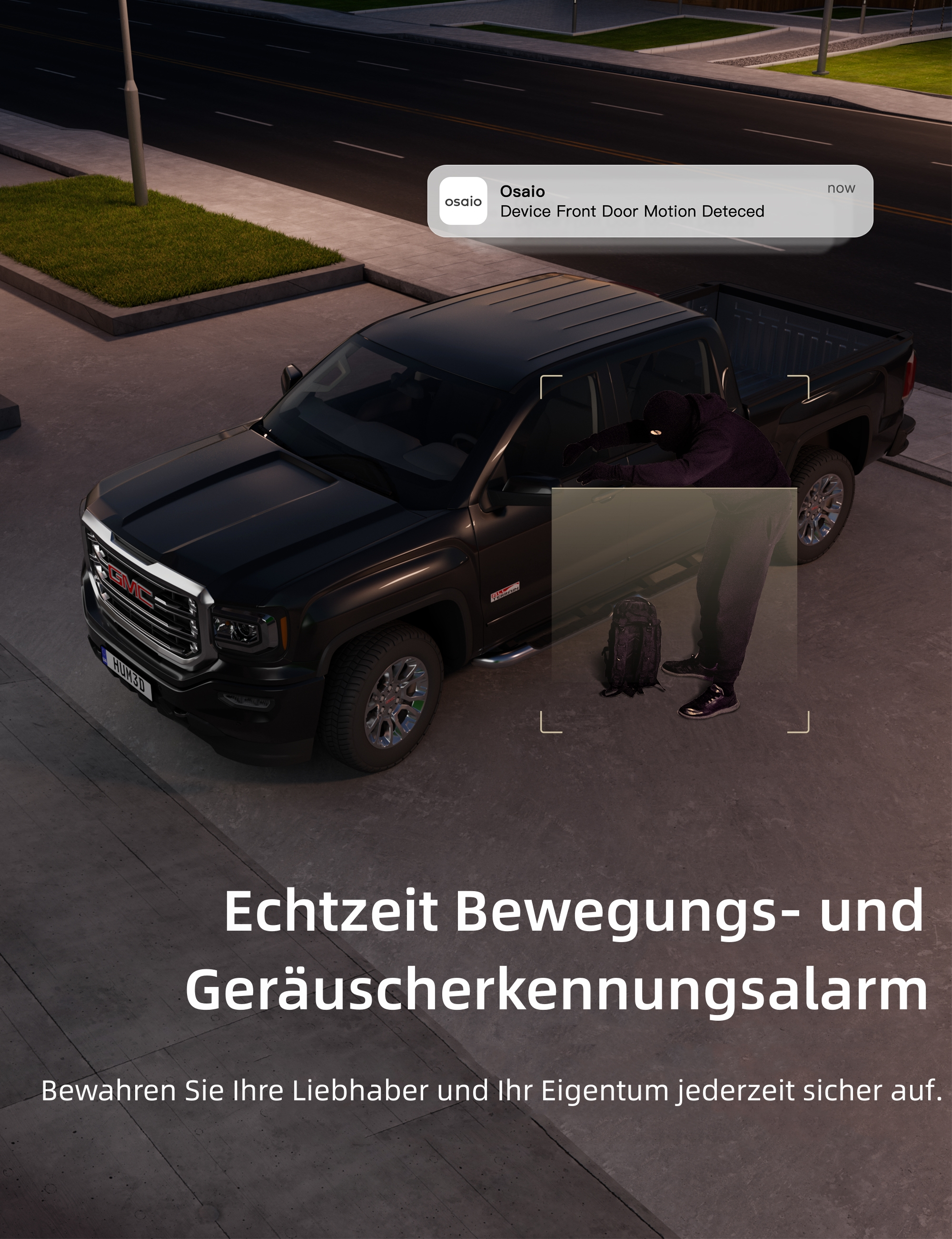 Schwarzer Pick-up-Truck mit einer Person, die daneben geht. Eine Benachrichtigung auf dem Bildschirm sagt 'Device Front Door Motion Detected'.