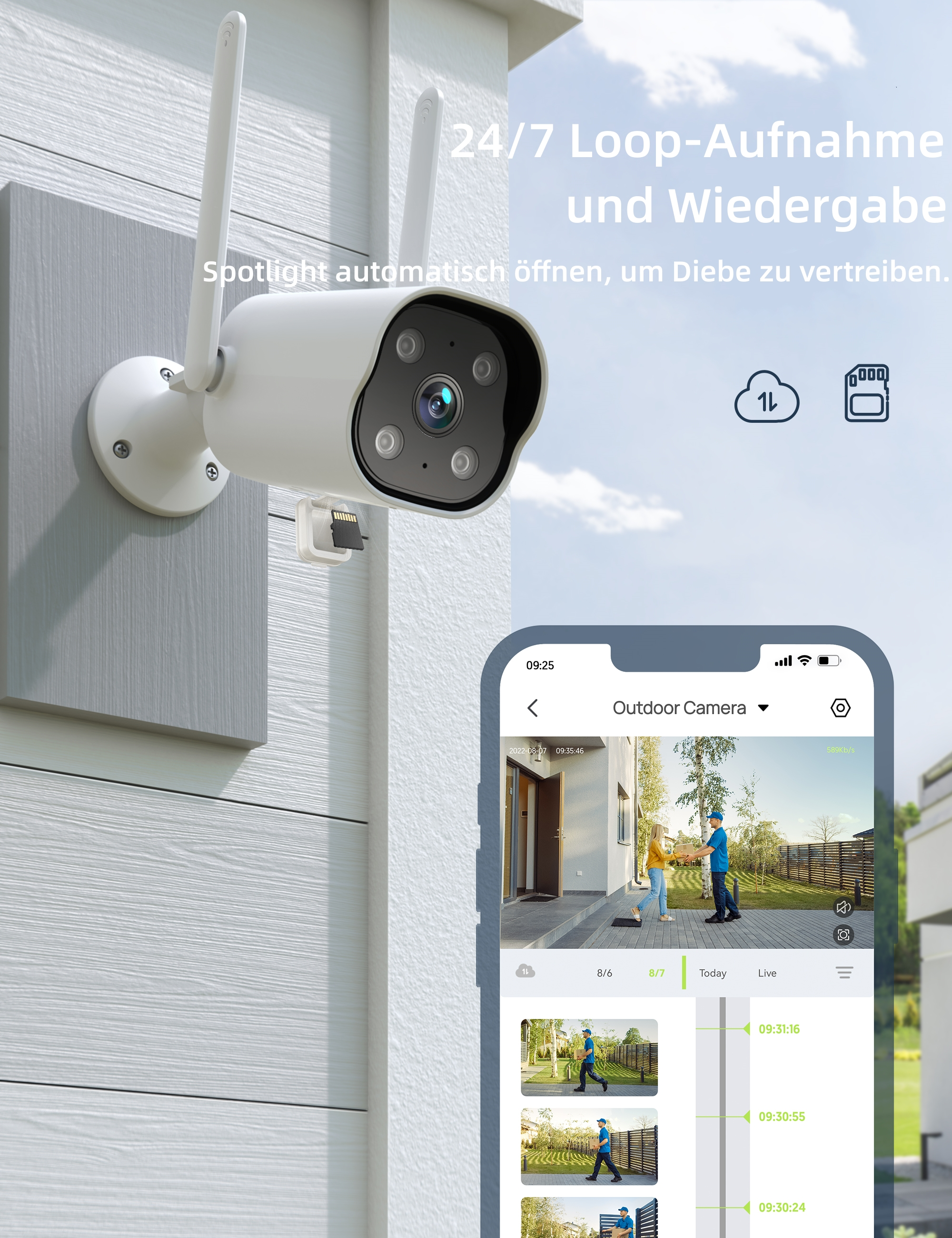 Weiße Überwachungskamera an einer Wand, mit einem Mobiltelefon, das eine Szene im Freien zeigt.