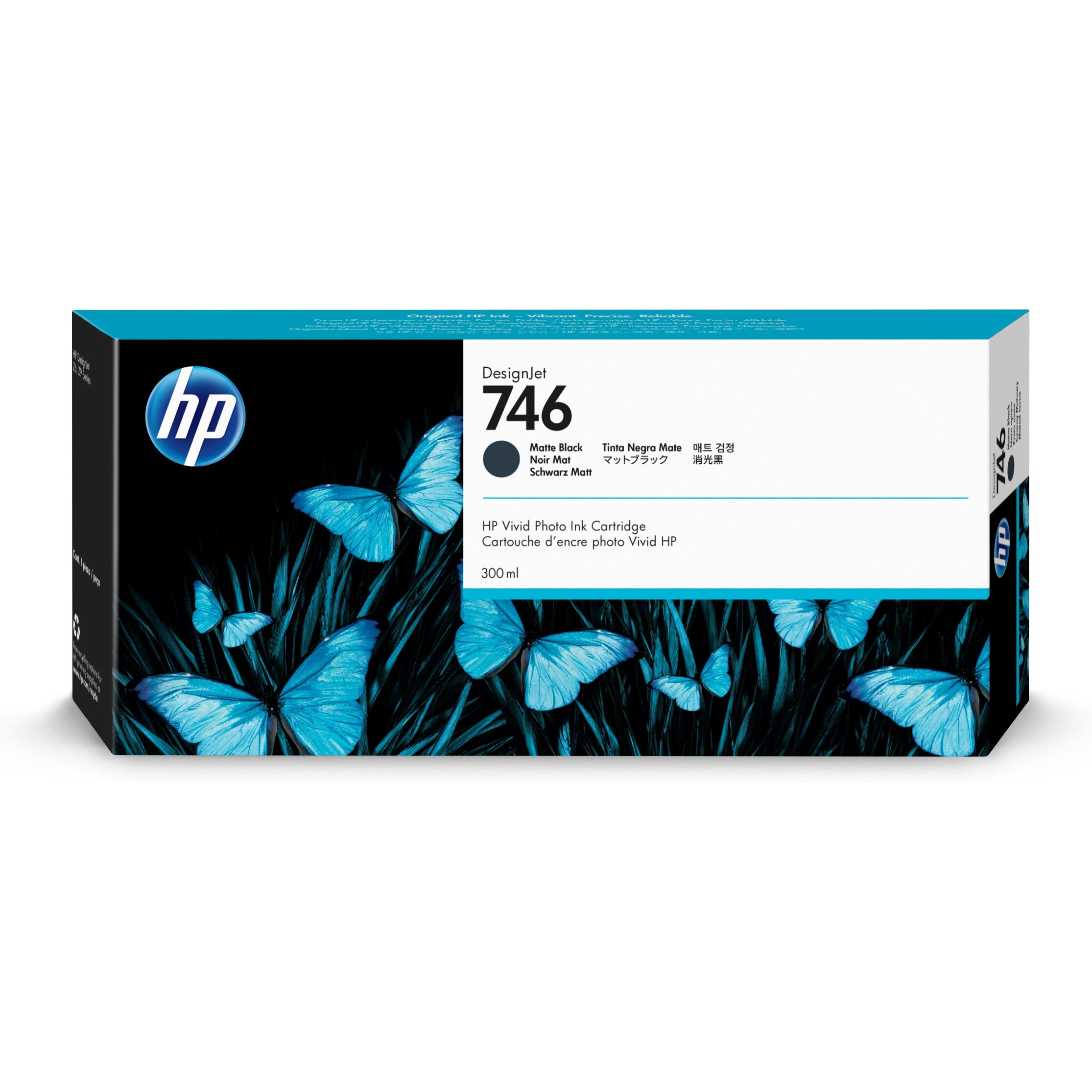 HP DesignJet 746 ink cartridge box, featuring matte black ink, black box with blue butterfly graphics.