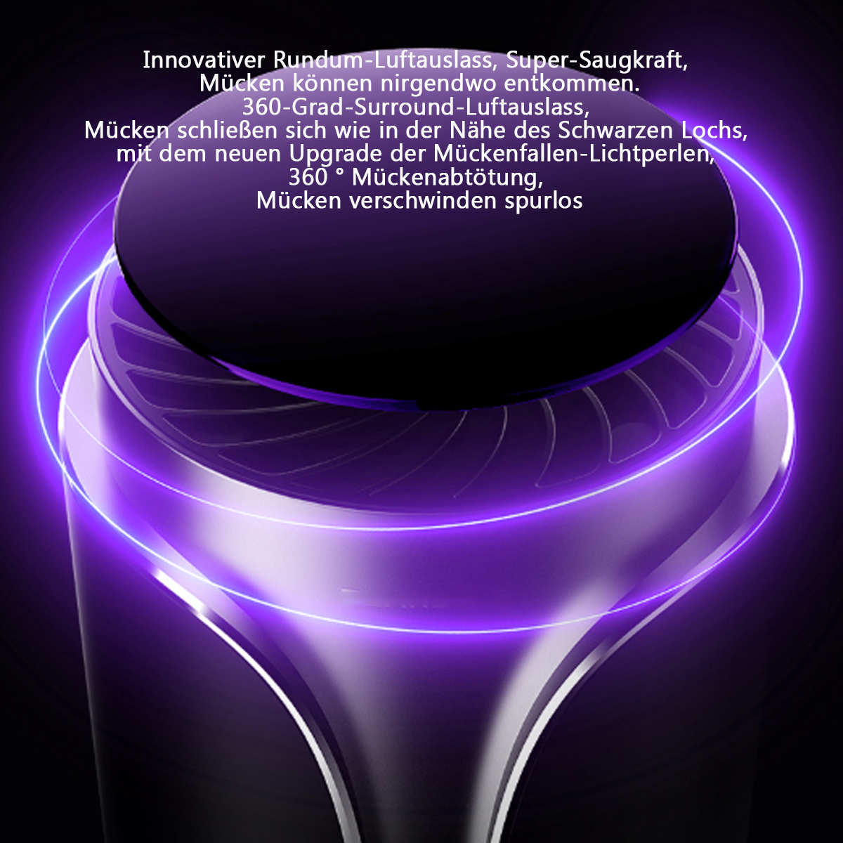 Ein schwarzer und lila Luftreiniger mit rundem Oberteil und einem leuchtenden lila Ring.