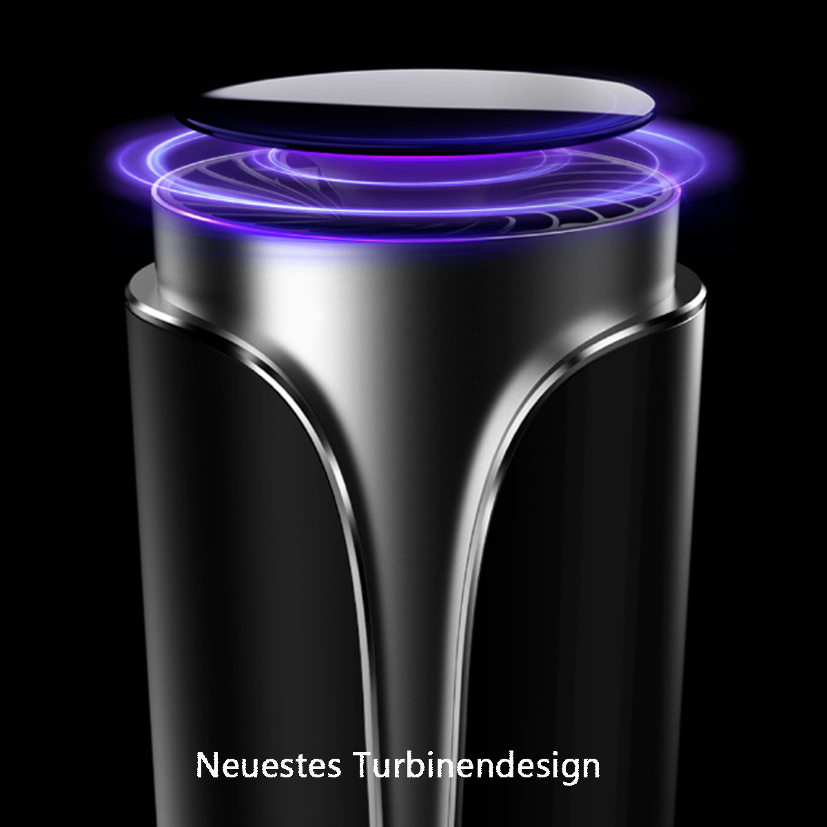 Ein schwarzes Gerät mit silberner Zierleiste, das violettes Licht aussendet. Das Wort 'Neuestes Turbinendesign' ist vorhanden.
