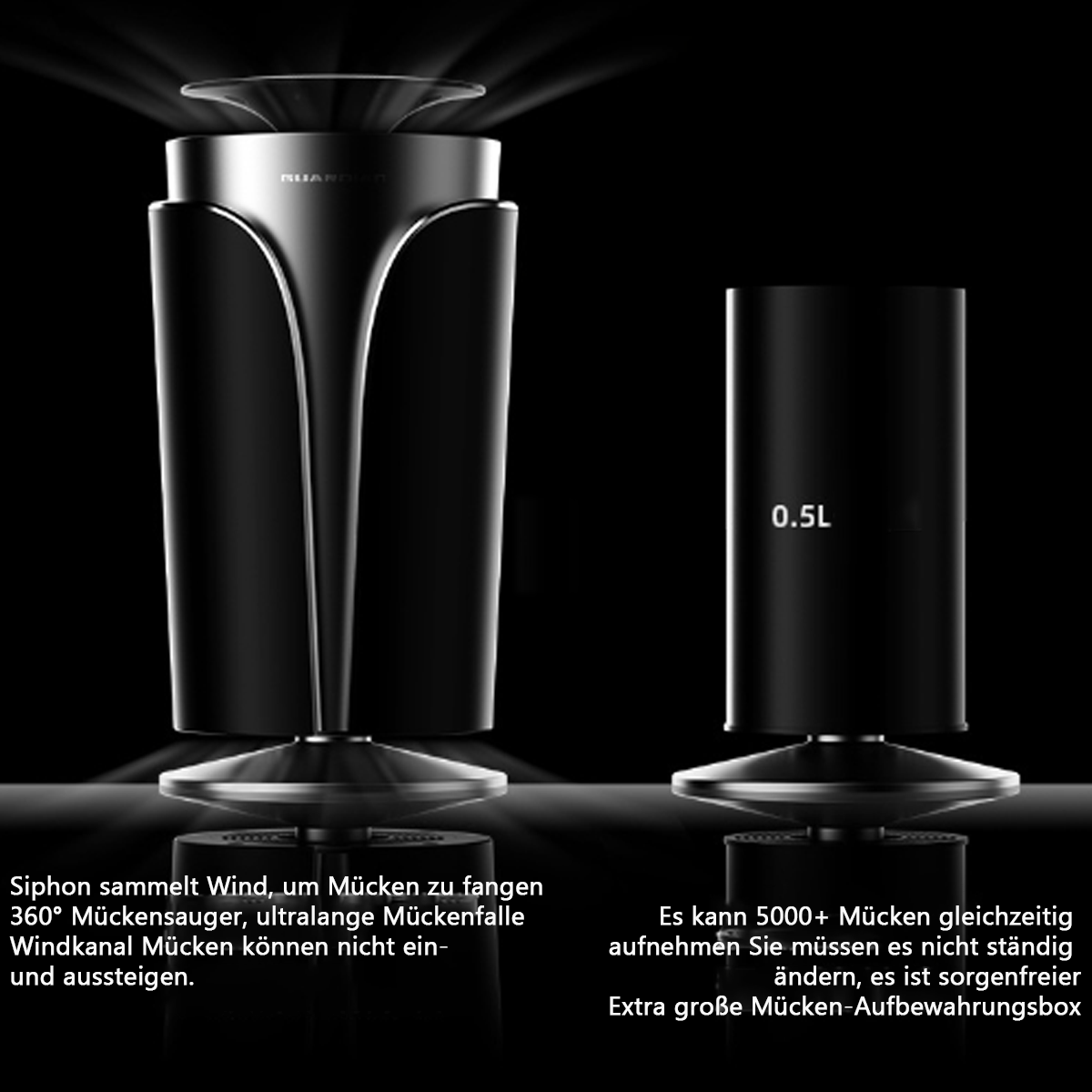 Schwarze Mückenfalle mit zwei Teilen. Deutscher Text beschreibt die Funktionen. Schwarzer Hintergrund.