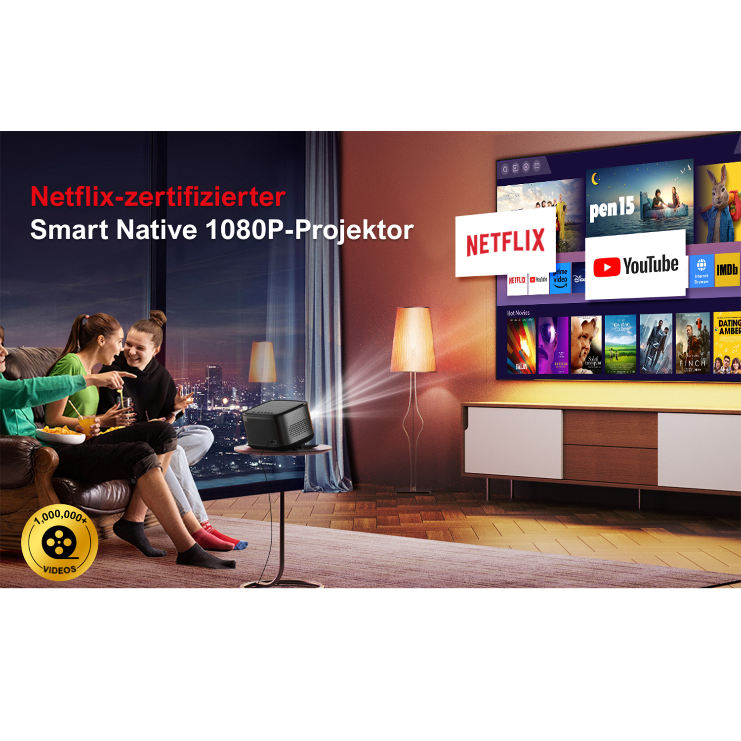 Menschen schauen einen Film, der mit einem Projektor an die Wand projiziert wird; Netflix-Logo sichtbar.