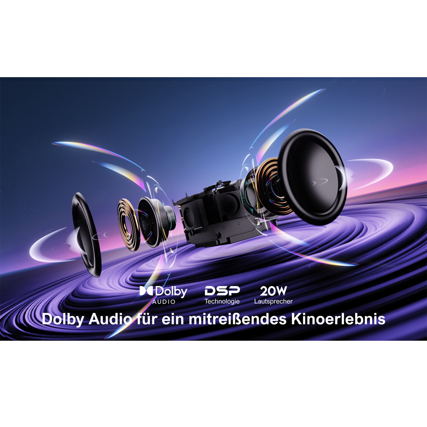 Ein Lautsprechersystem mit Lautsprechern und einem violetten, wirbelnden Hintergrund und Text.