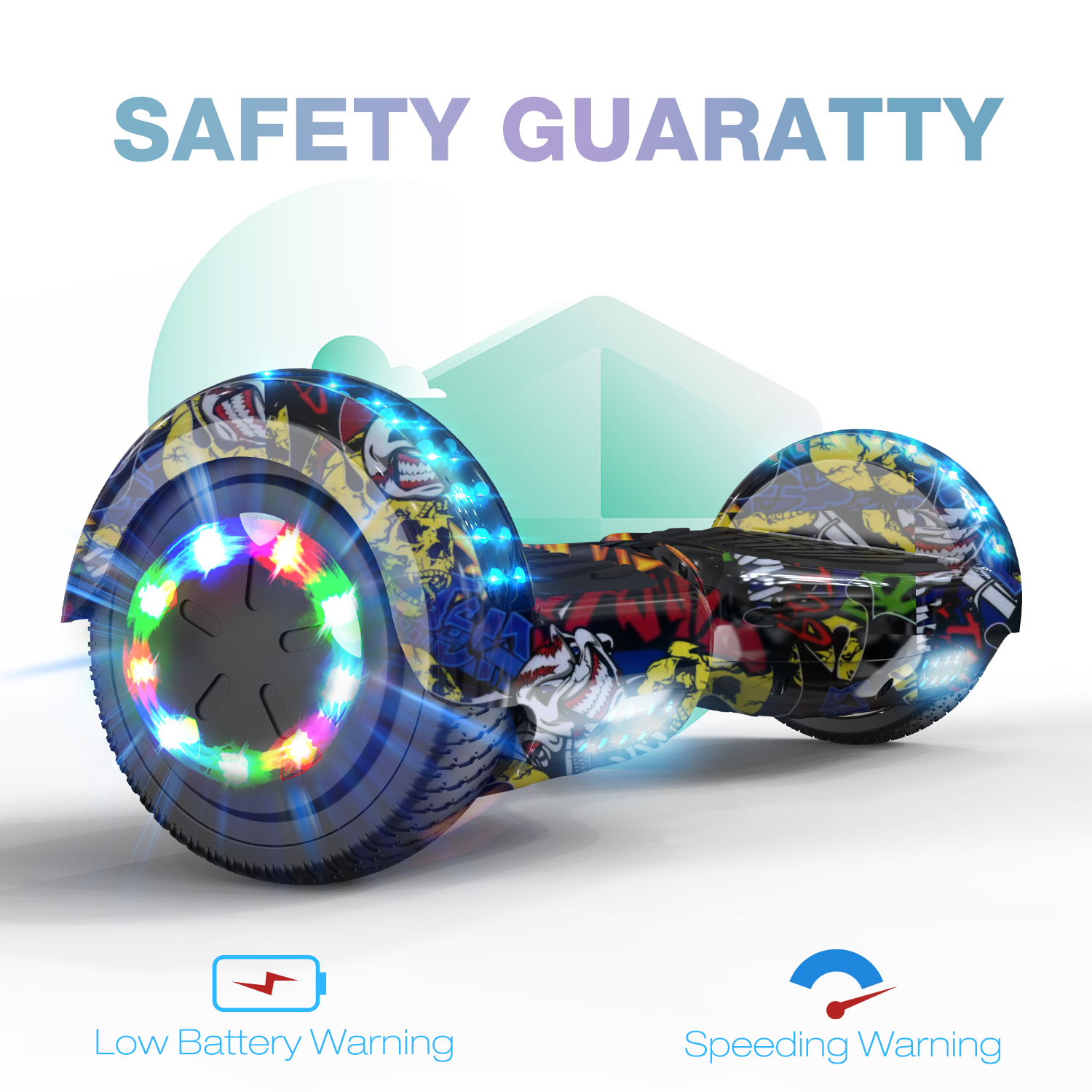 Hoverboard con luci colorate e icone di avviso per batteria scarica e velocità, su sfondo bianco.