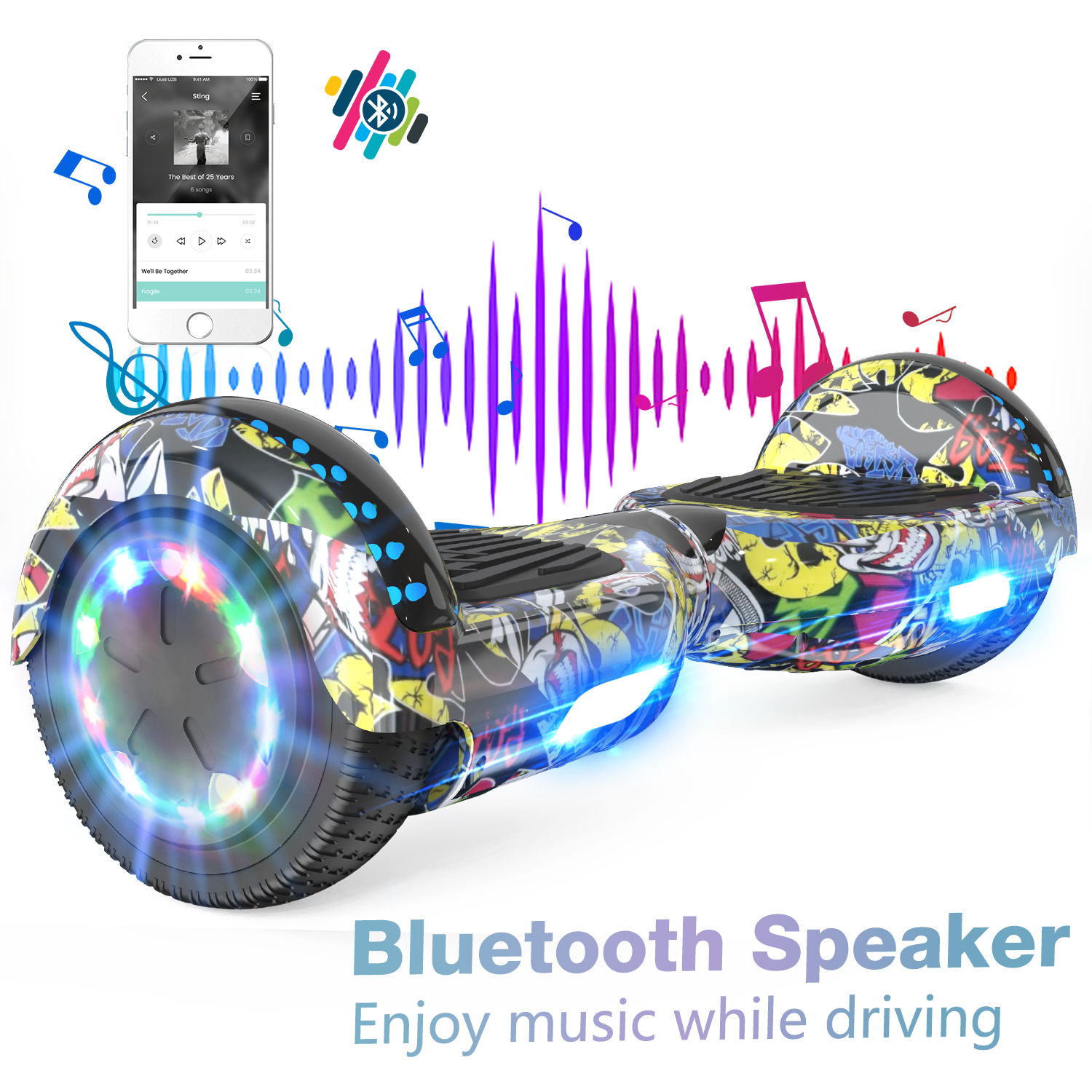 Un hoverboard nero e colorato con un telefono che mostra un'app musicale.
