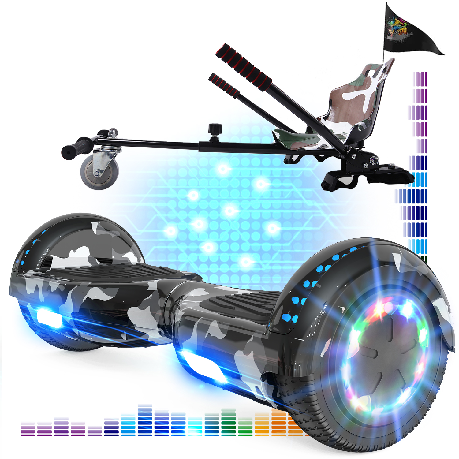 Un hoverboard nero e mimetico con sedile e bandiera mimetici, con sfondo di luce blu.