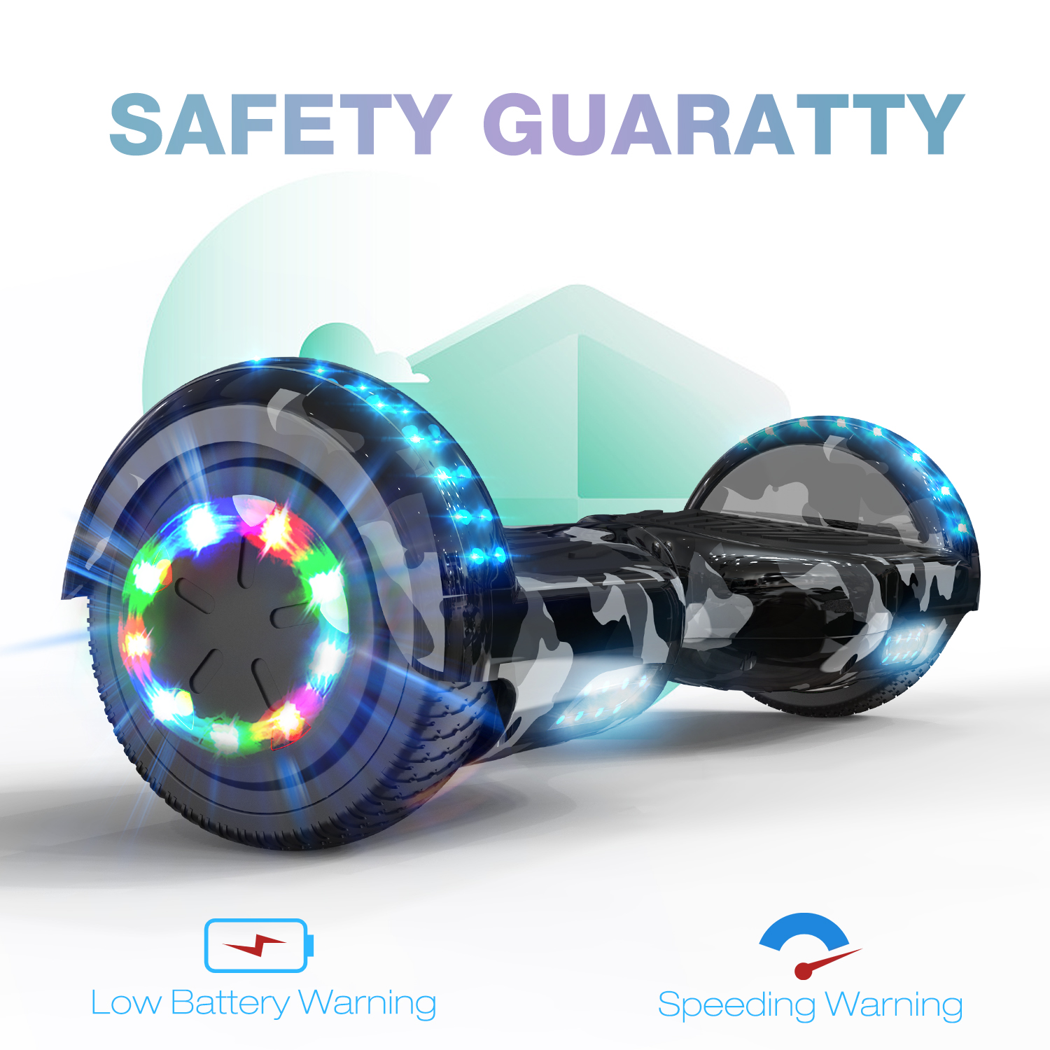 Hoverboard con illuminazione, testo 'SAFETY GUARANTY' e avvisi batteria/velocità.
